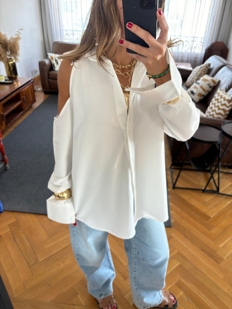 PREORDER White Cut Out Shoulder Shirt
