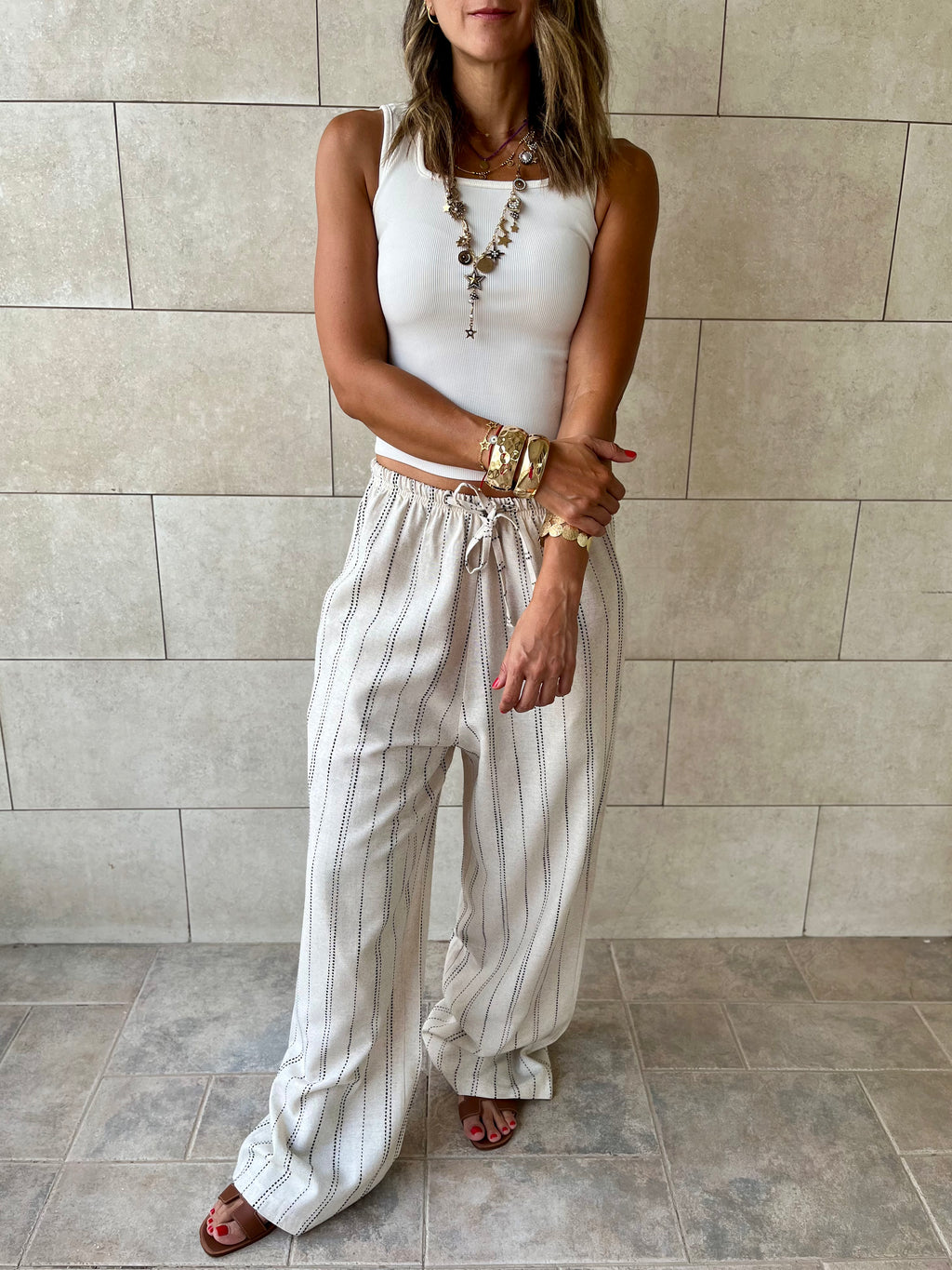 Beige Striped Rope Linen Pants