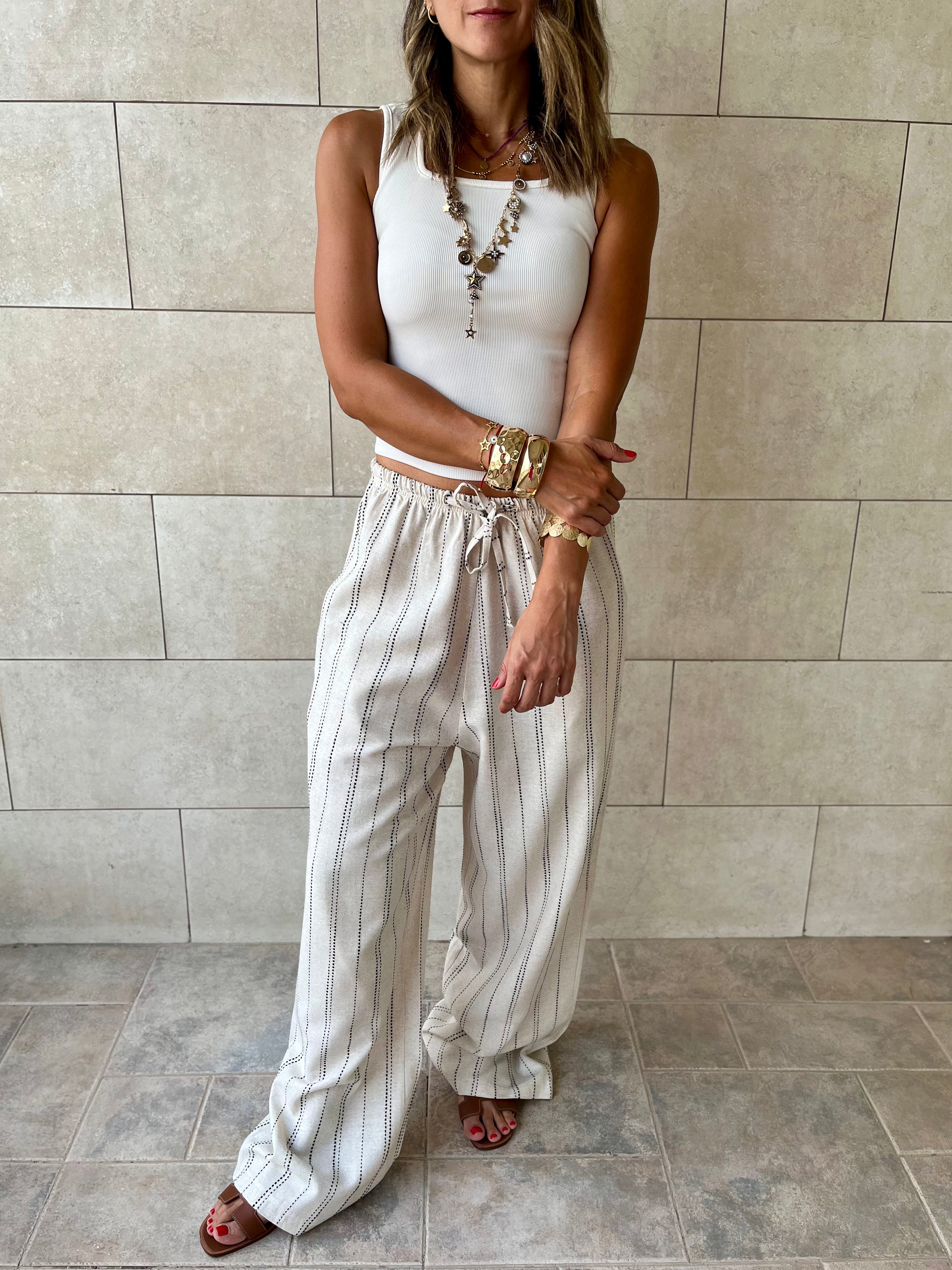 Beige Striped Rope Linen Pants