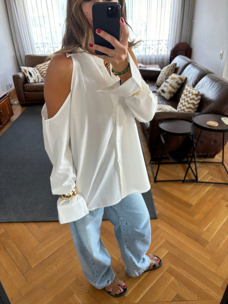 PREORDER White Cut Out Shoulder Shirt