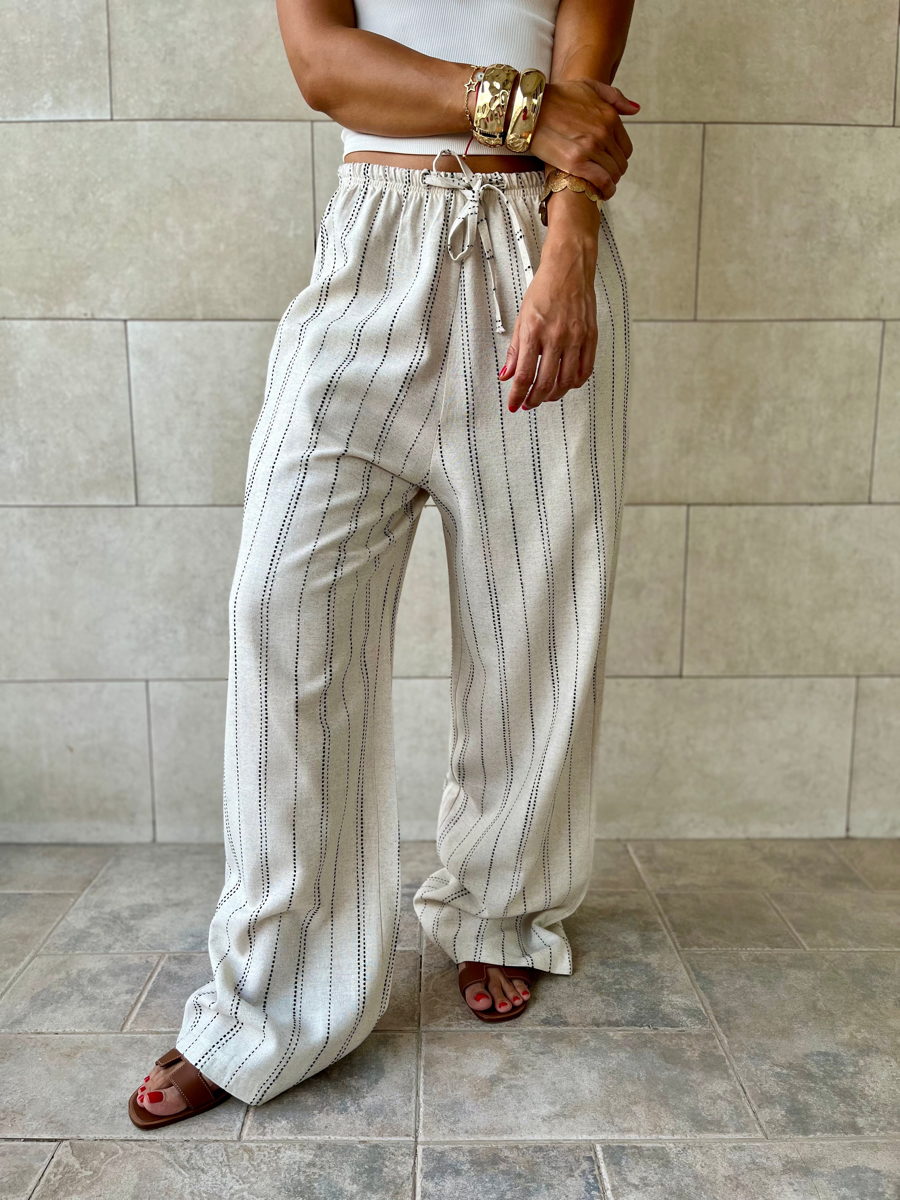 Beige Striped Rope Linen Pants