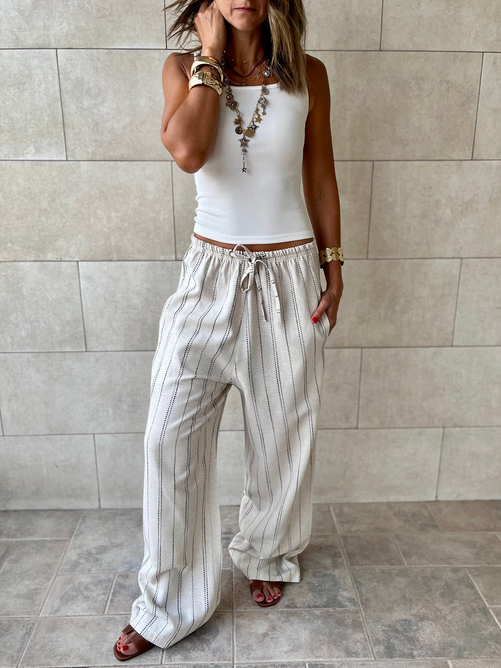 Beige Striped Rope Linen Pants