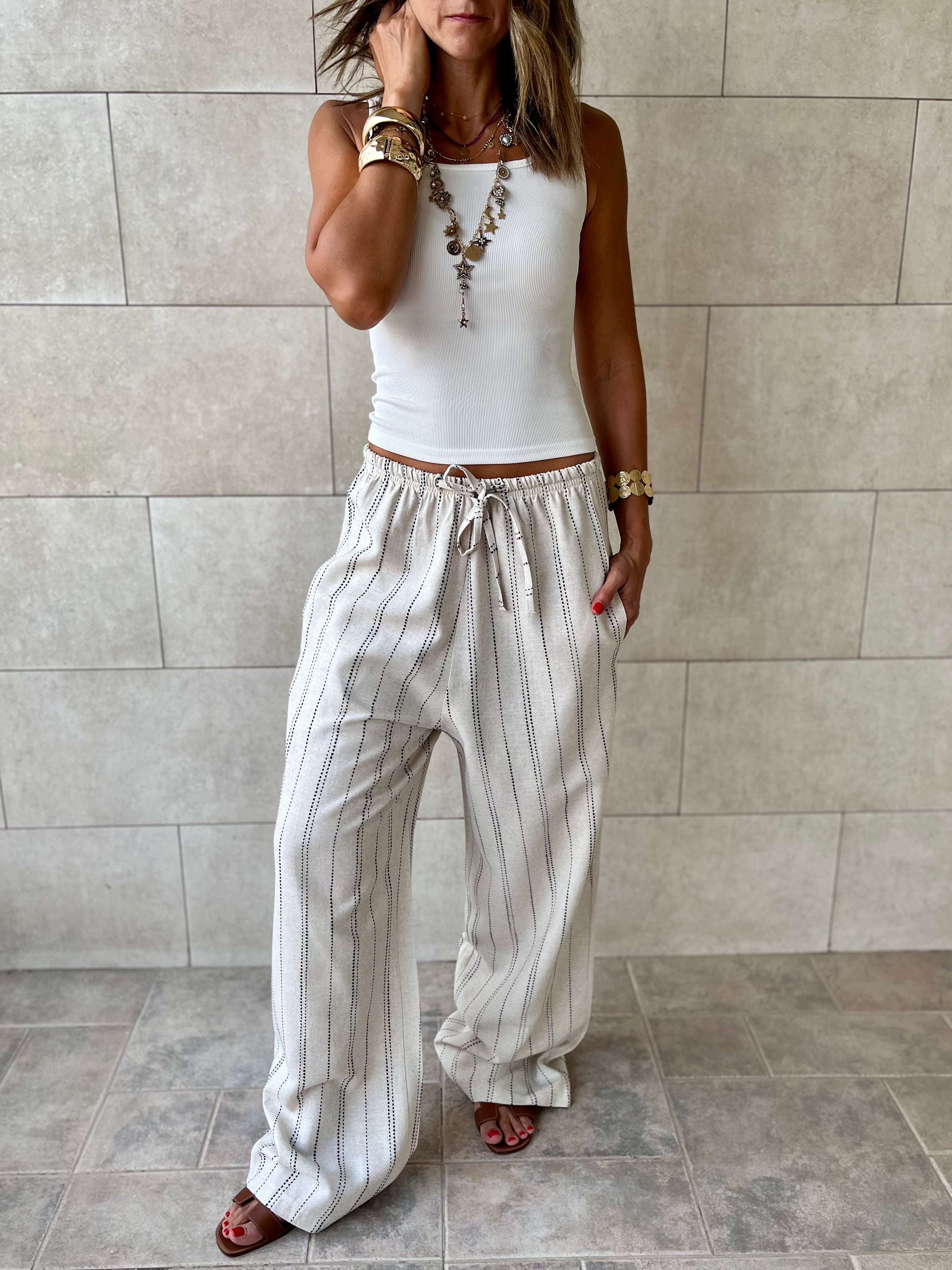 Beige Striped Rope Linen Pants