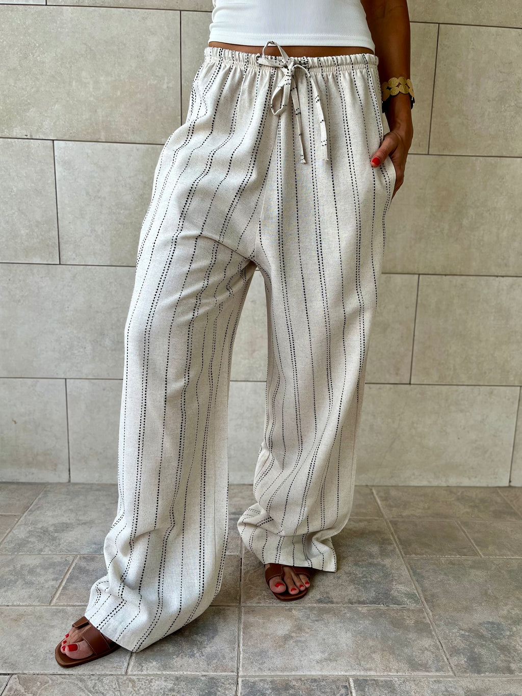 Beige Striped Rope Linen Pants