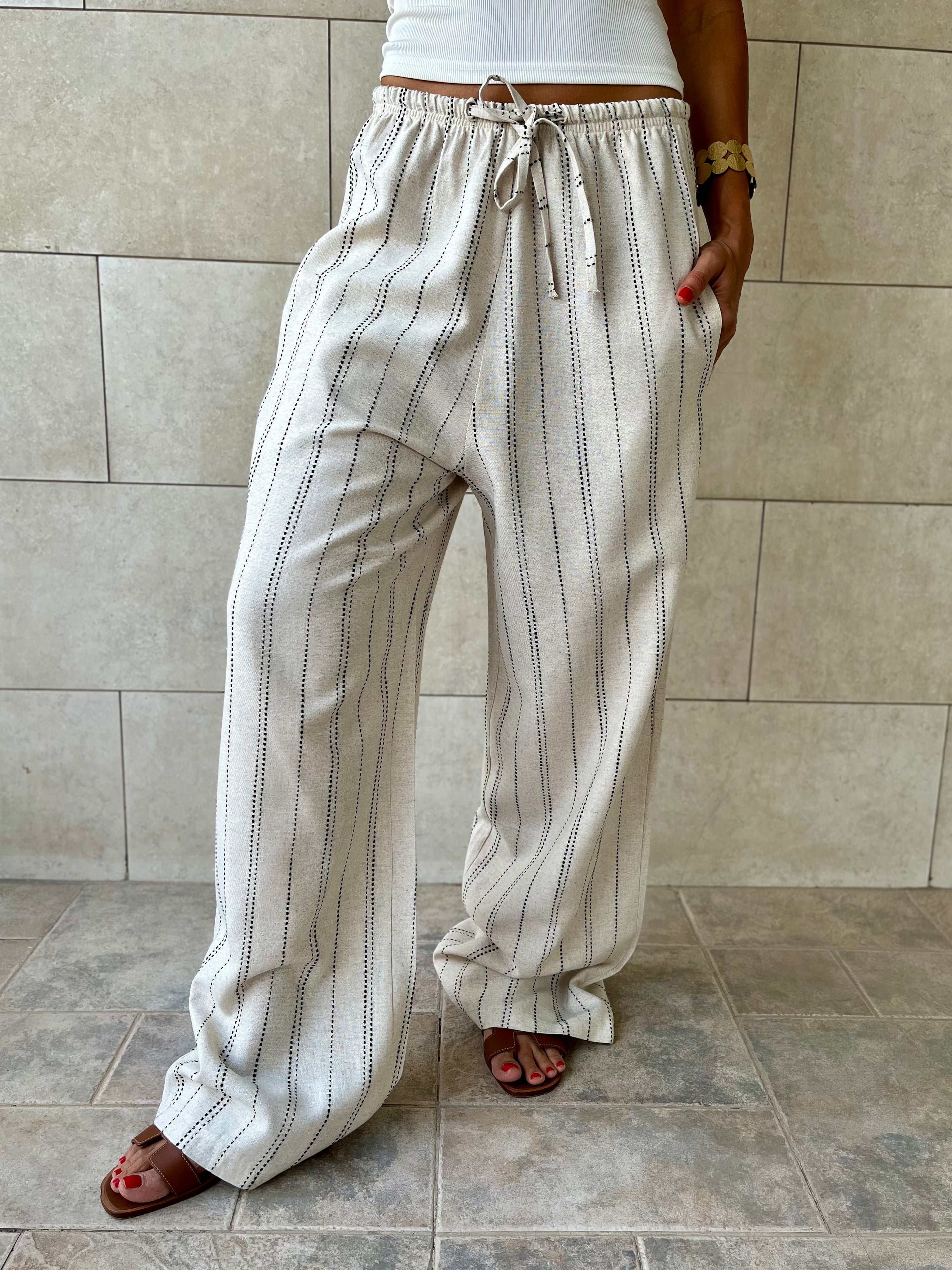 Beige Striped Rope Linen Pants