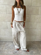 Beige Striped Rope Linen Pants