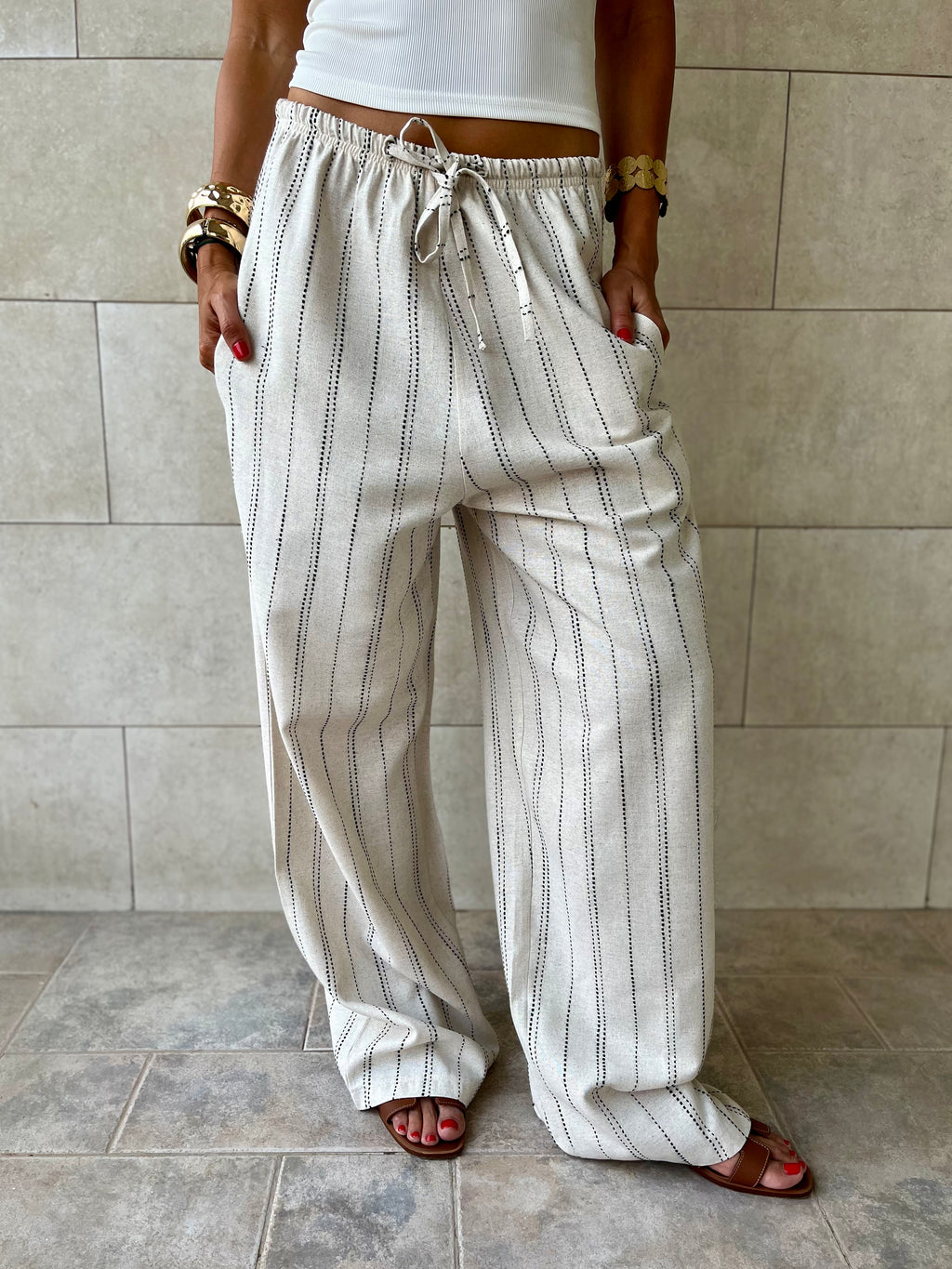 Beige Striped Rope Linen Pants