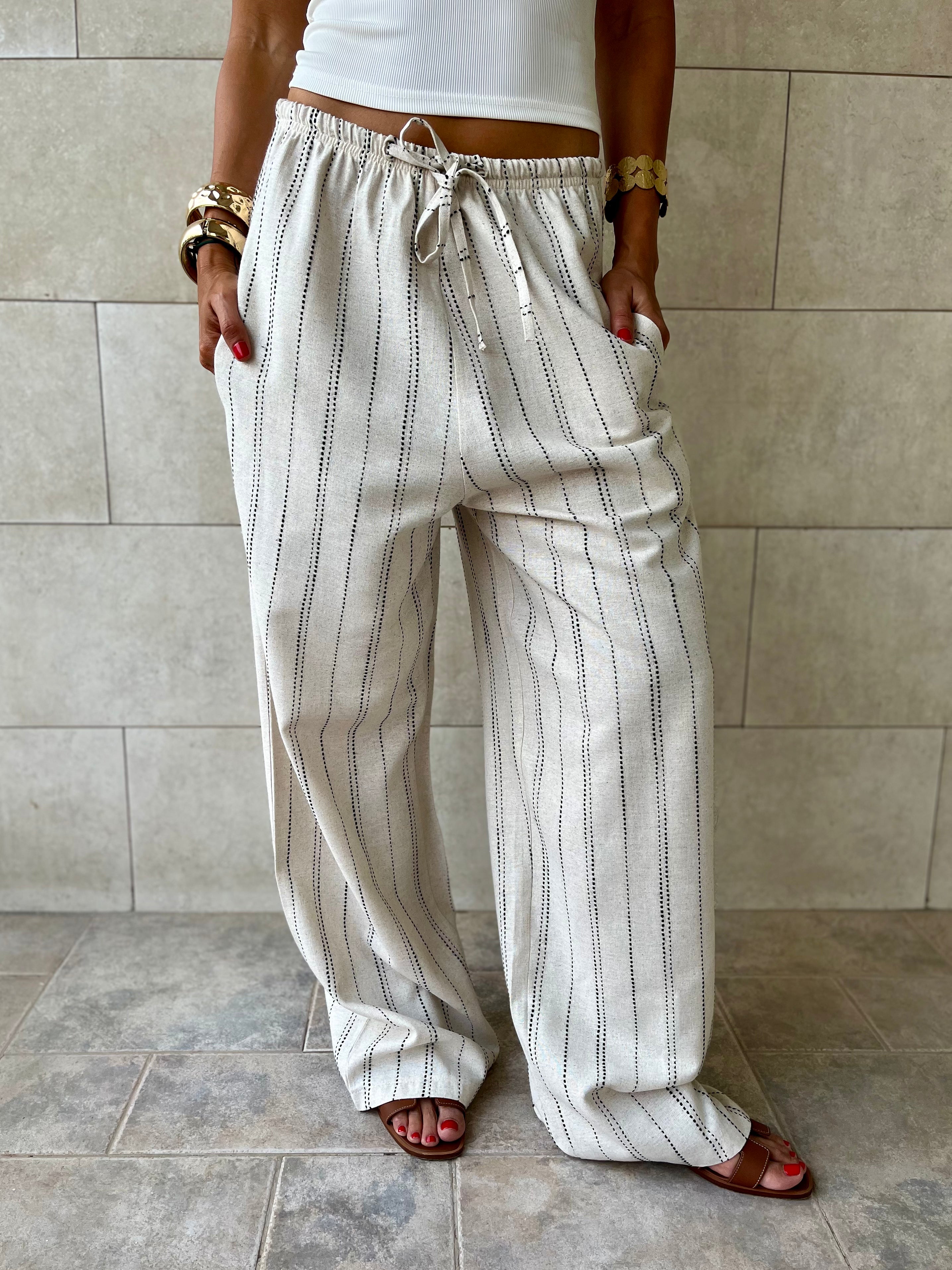 Beige Striped Rope Linen Pants