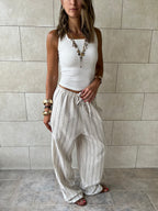 Beige Striped Rope Linen Pants