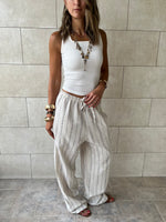 Beige Striped Rope Linen Pants