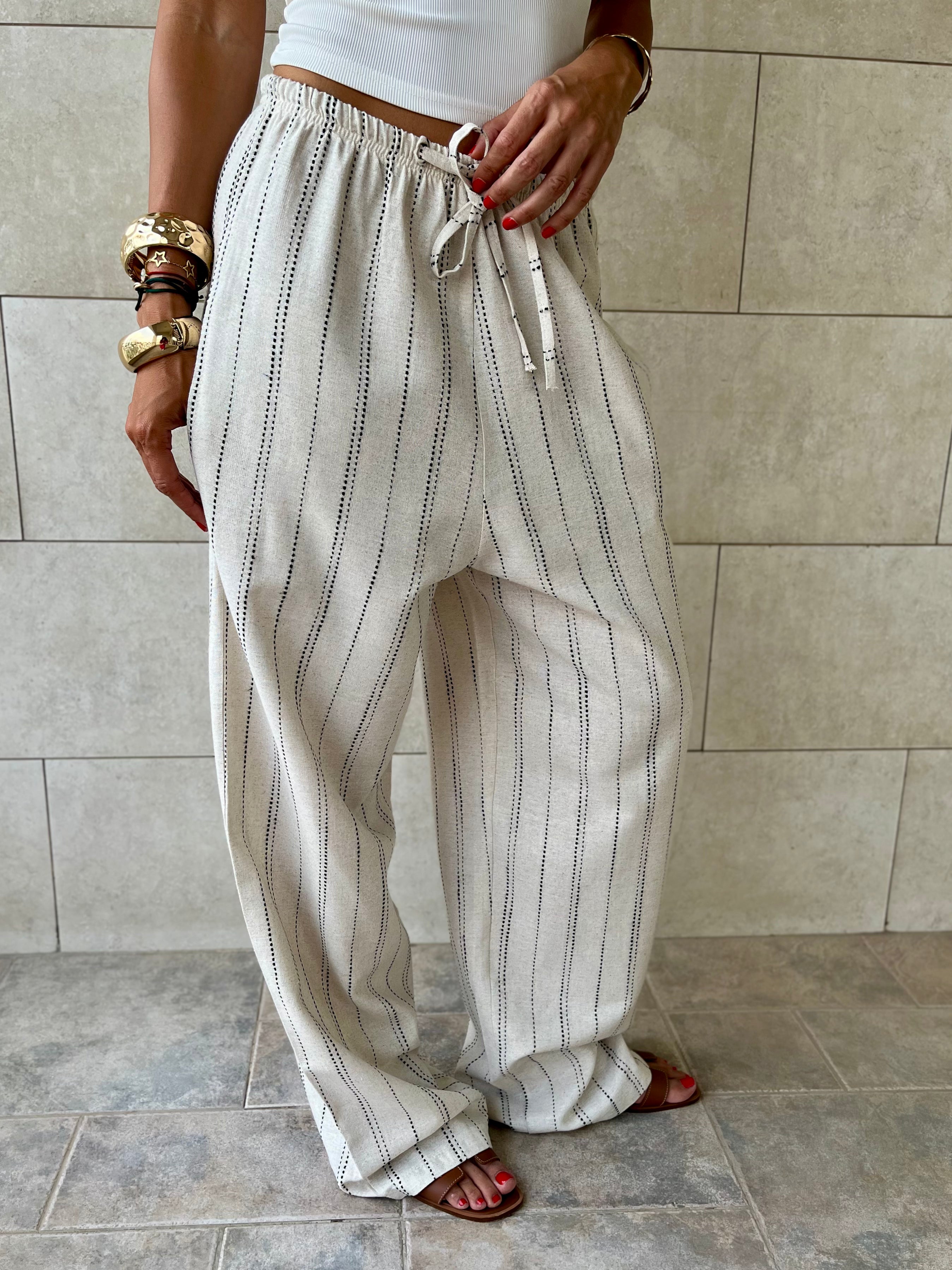 Beige Striped Rope Linen Pants