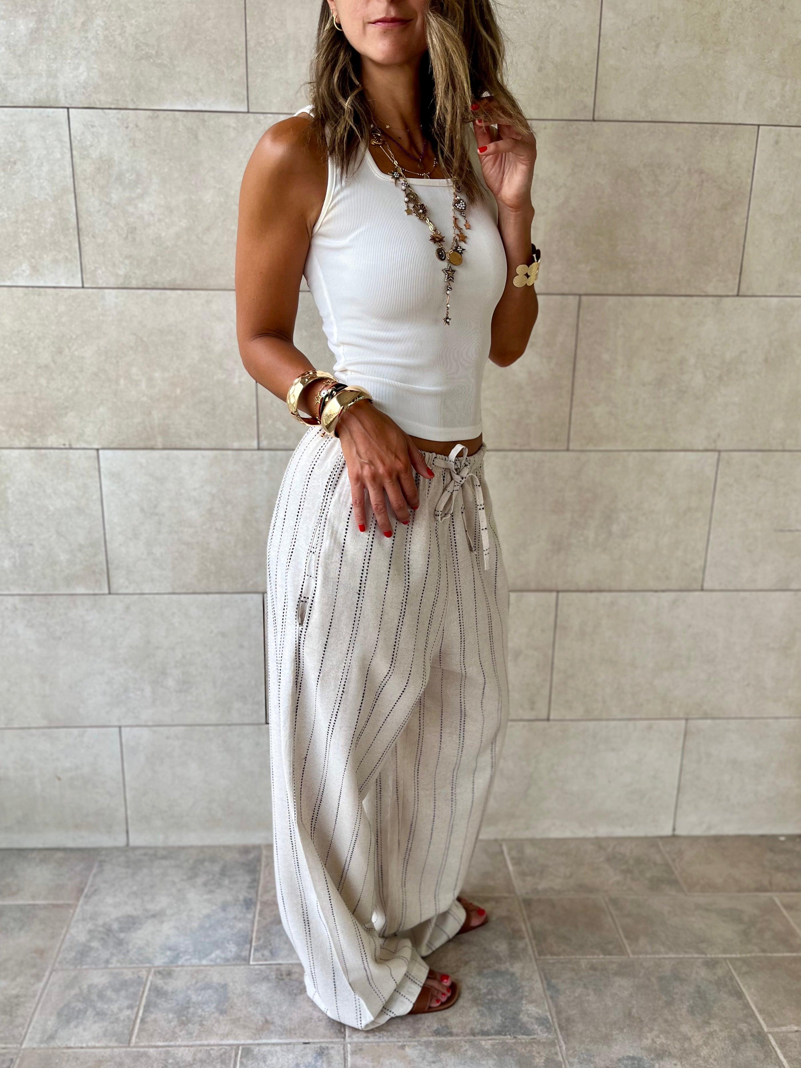 Beige Striped Rope Linen Pants