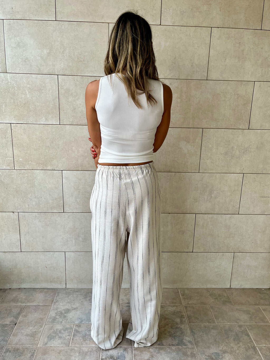 Beige Striped Rope Linen Pants