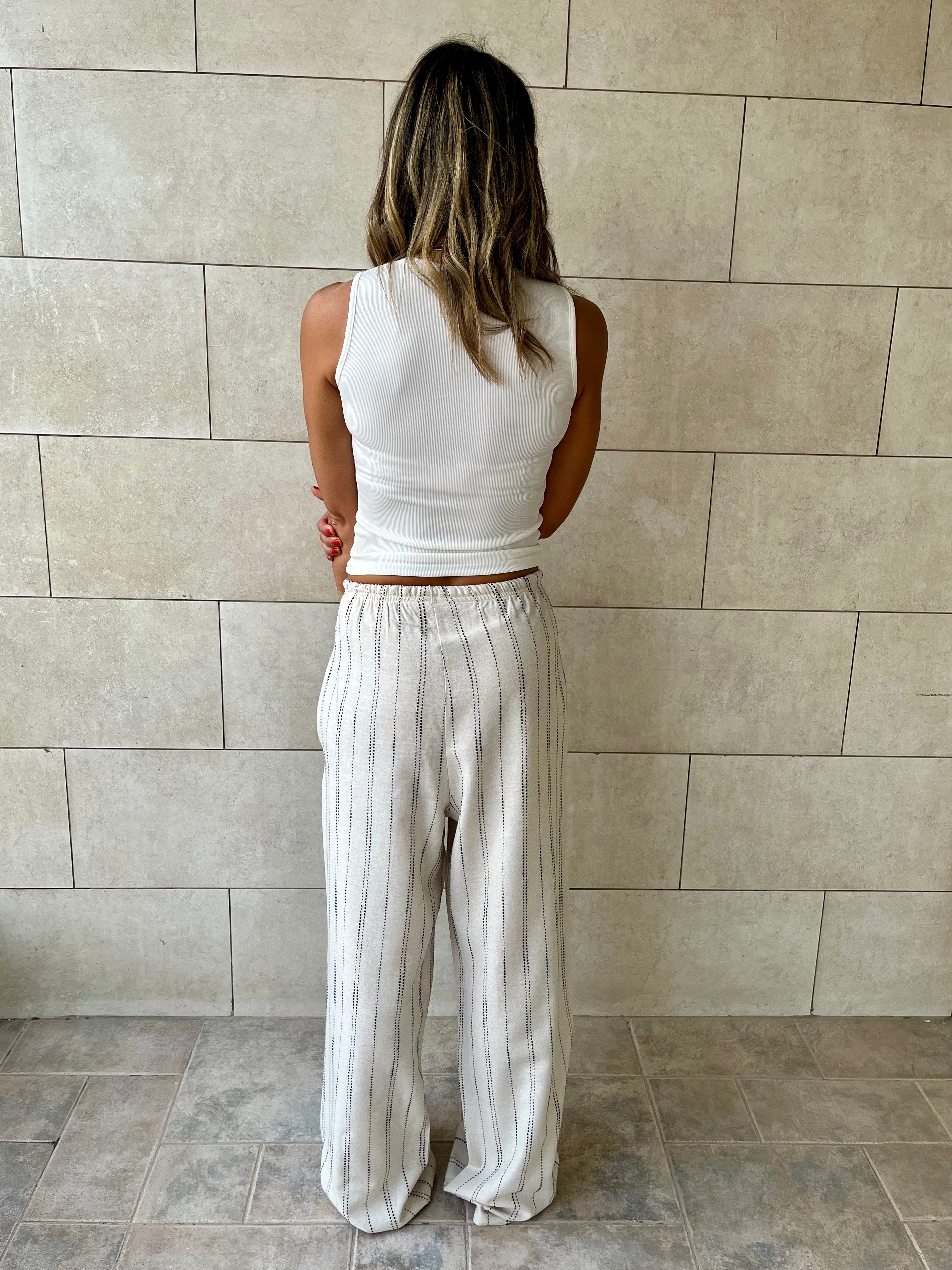 Beige Striped Rope Linen Pants