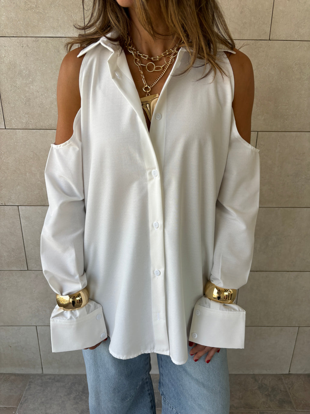 White Cut Out Shoulder Shirt