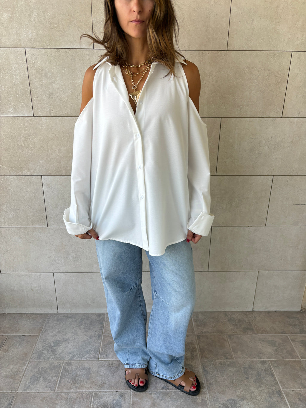White Cut Out Shoulder Shirt