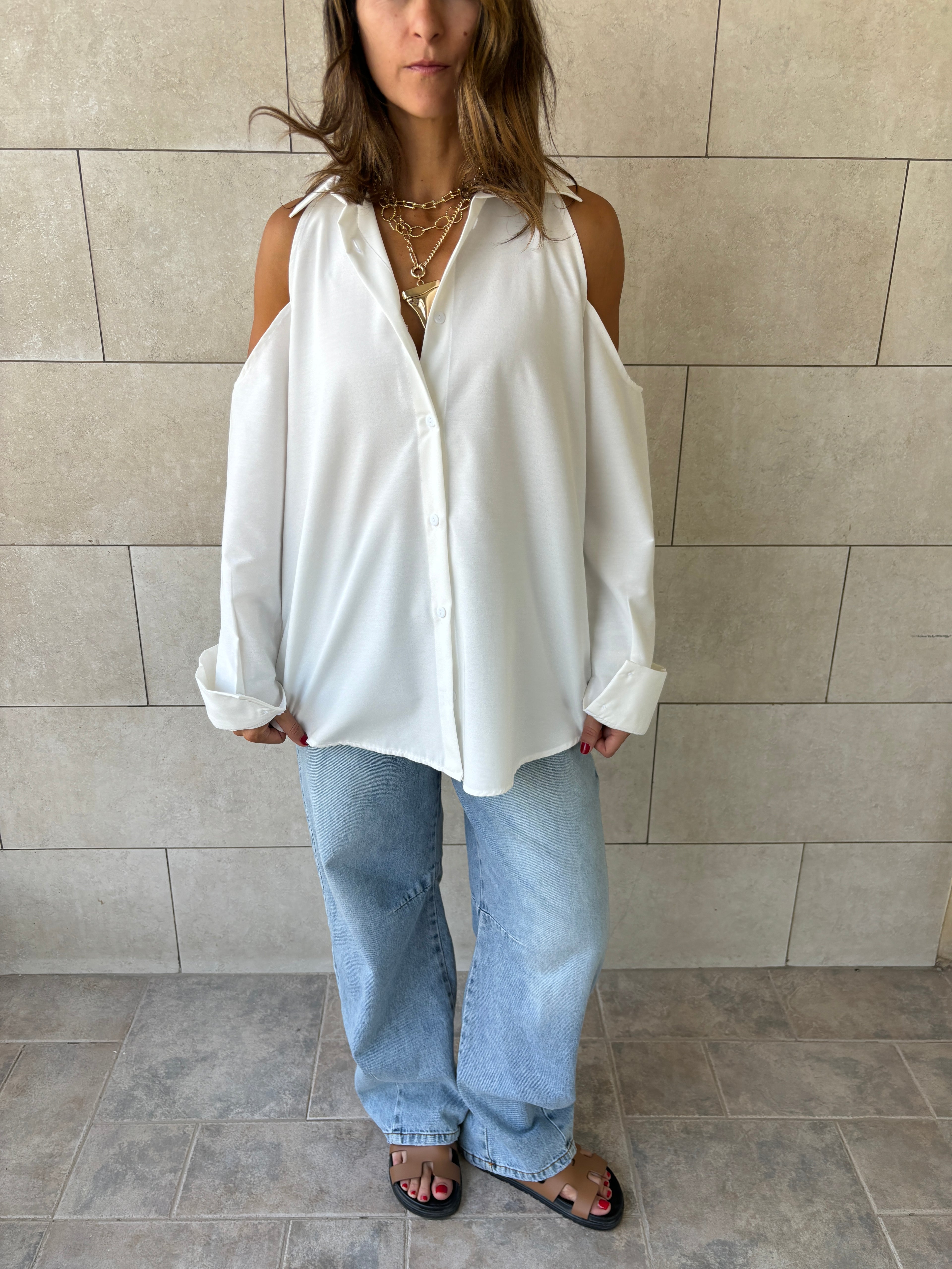 White Cut Out Shoulder Shirt