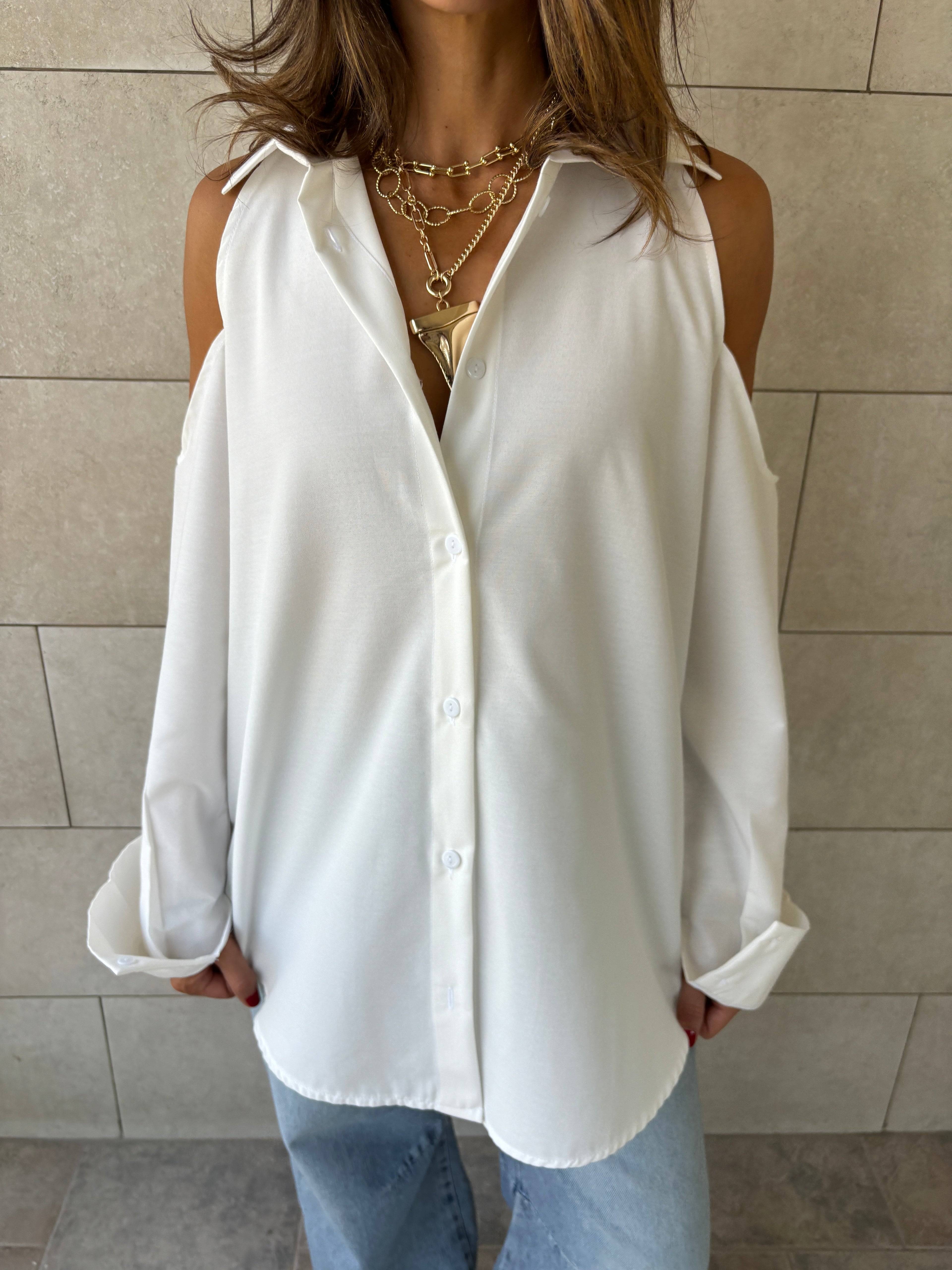 White Cut Out Shoulder Shirt