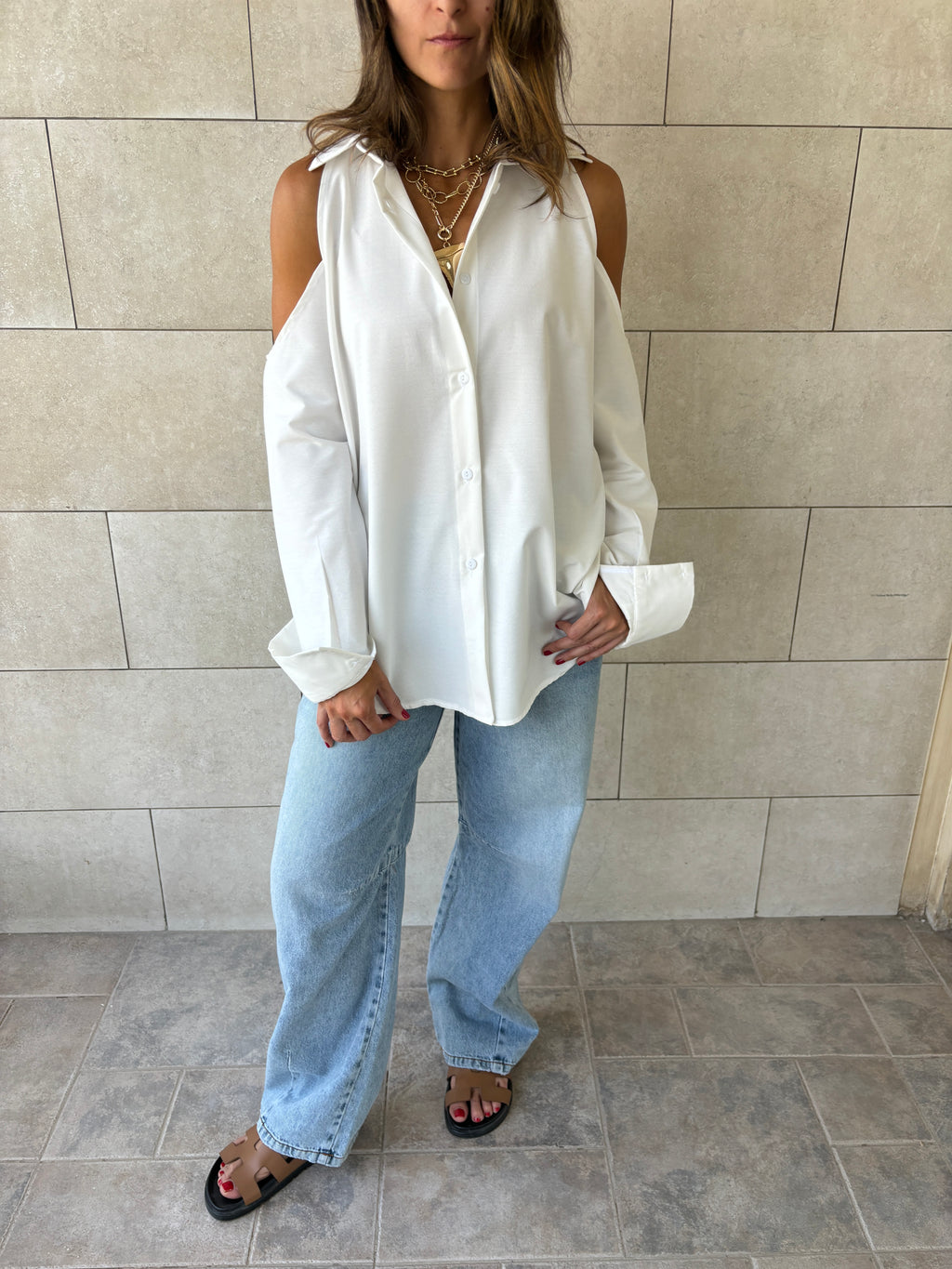 White Cut Out Shoulder Shirt