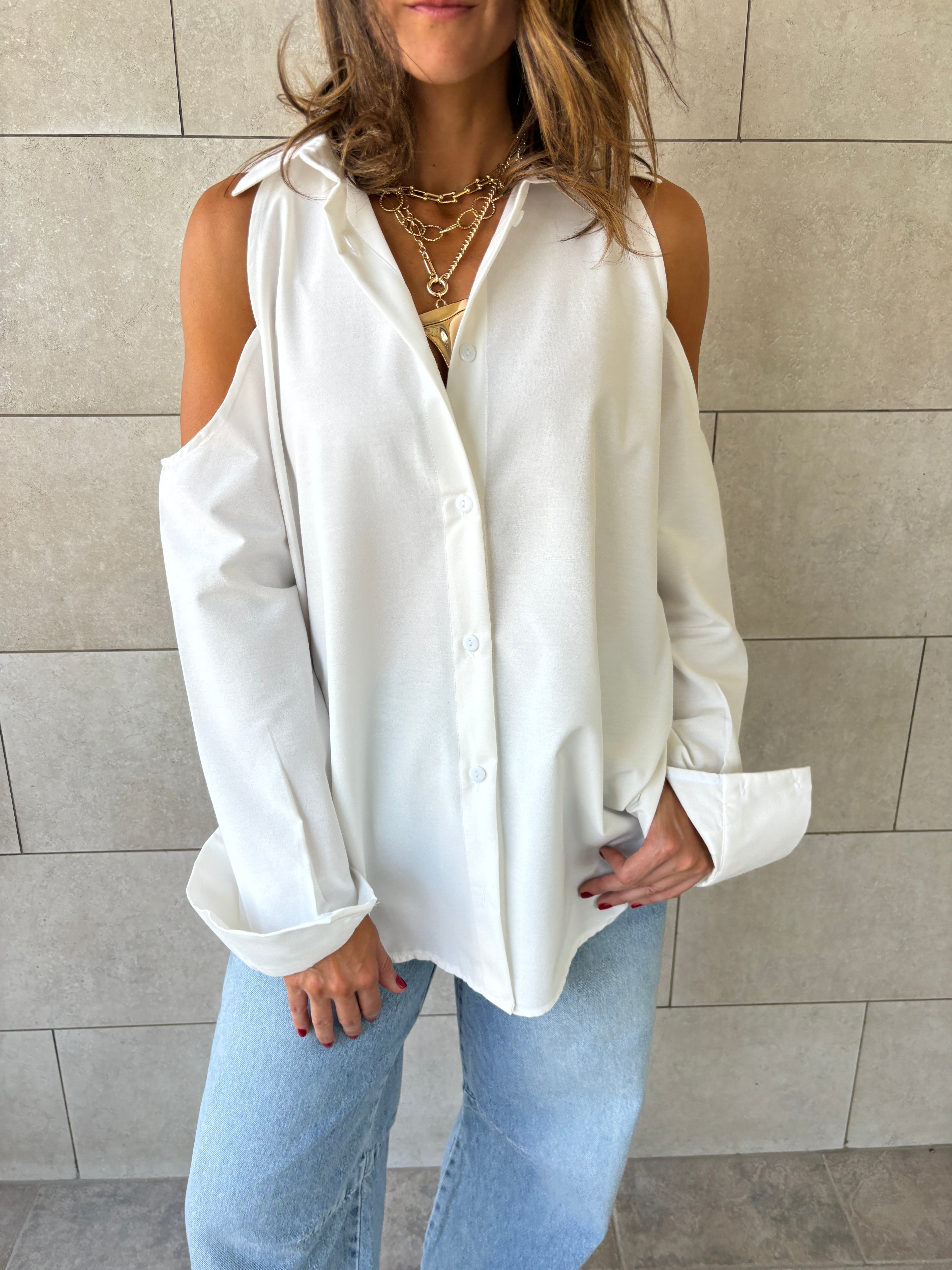 White Cut Out Shoulder Shirt