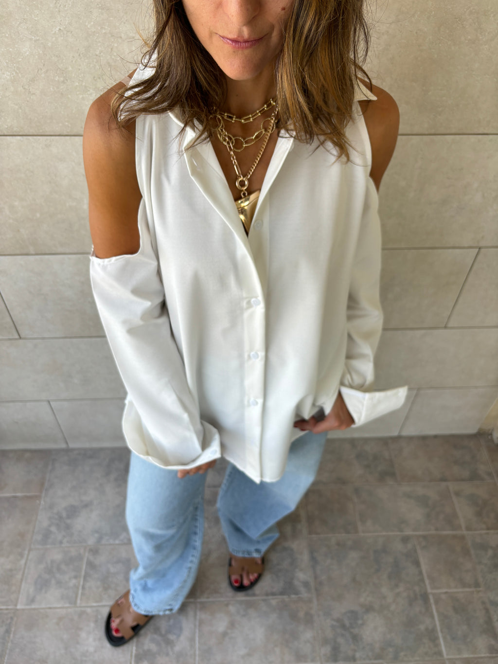 White Cut Out Shoulder Shirt