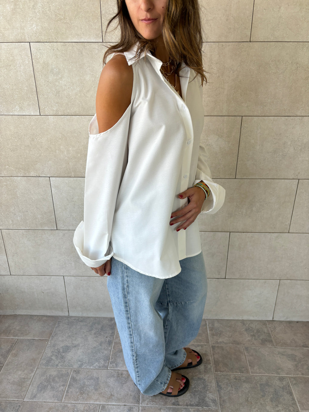 White Cut Out Shoulder Shirt