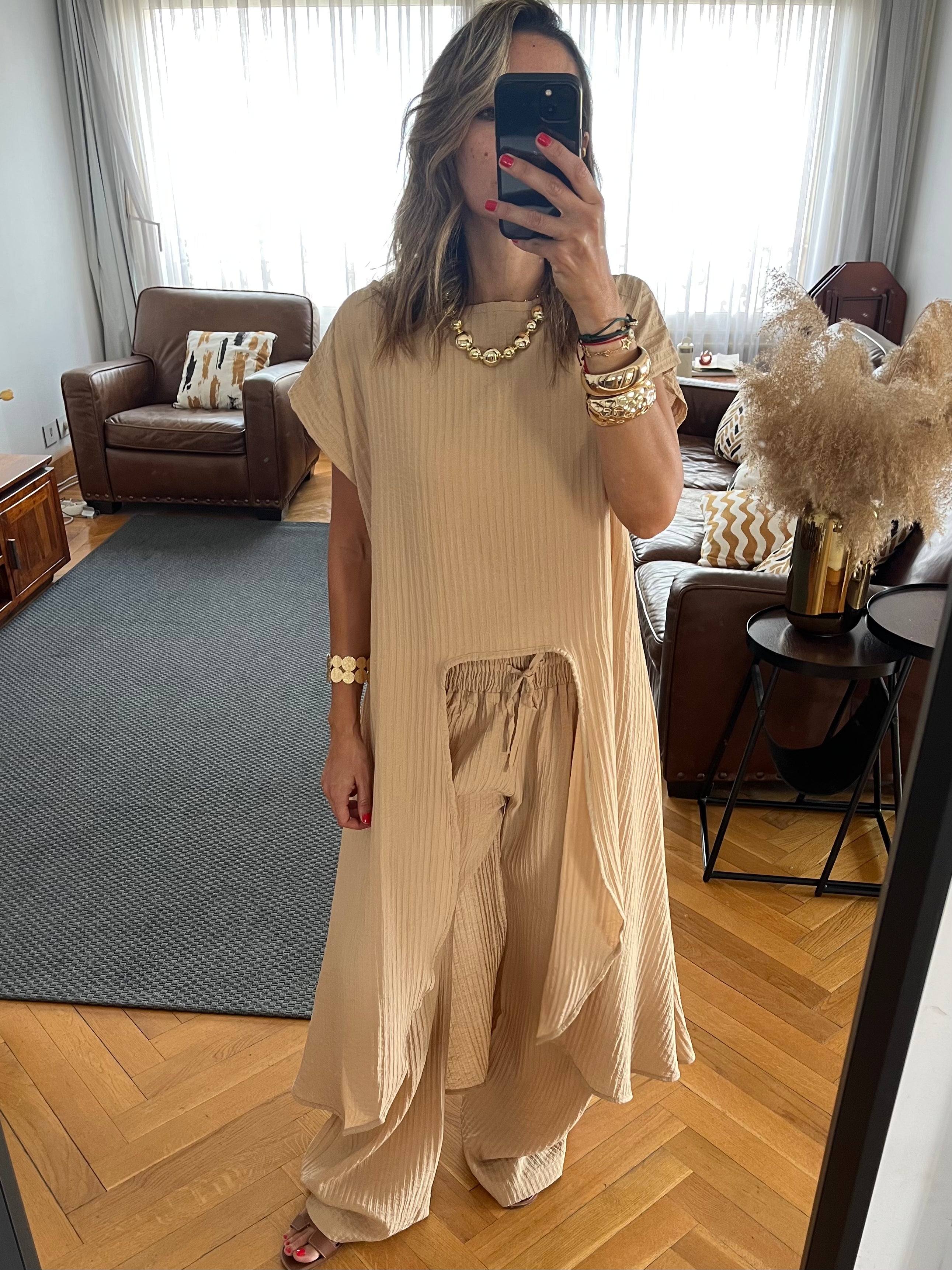 Beige Elastic Rope Crinkle Pants