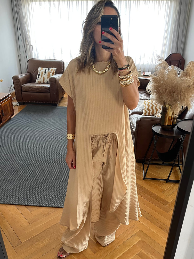 Beige Elastic Rope Crinkle Pants