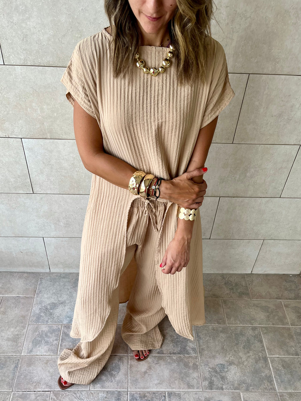 Beige High Low Breeze Top
