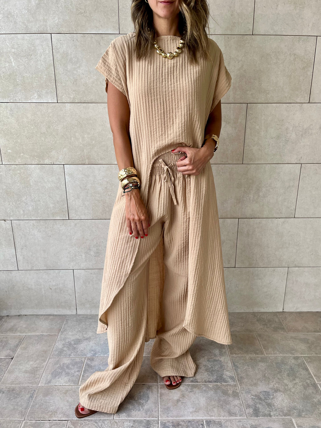 Beige Elastic Rope Crinkle Pants