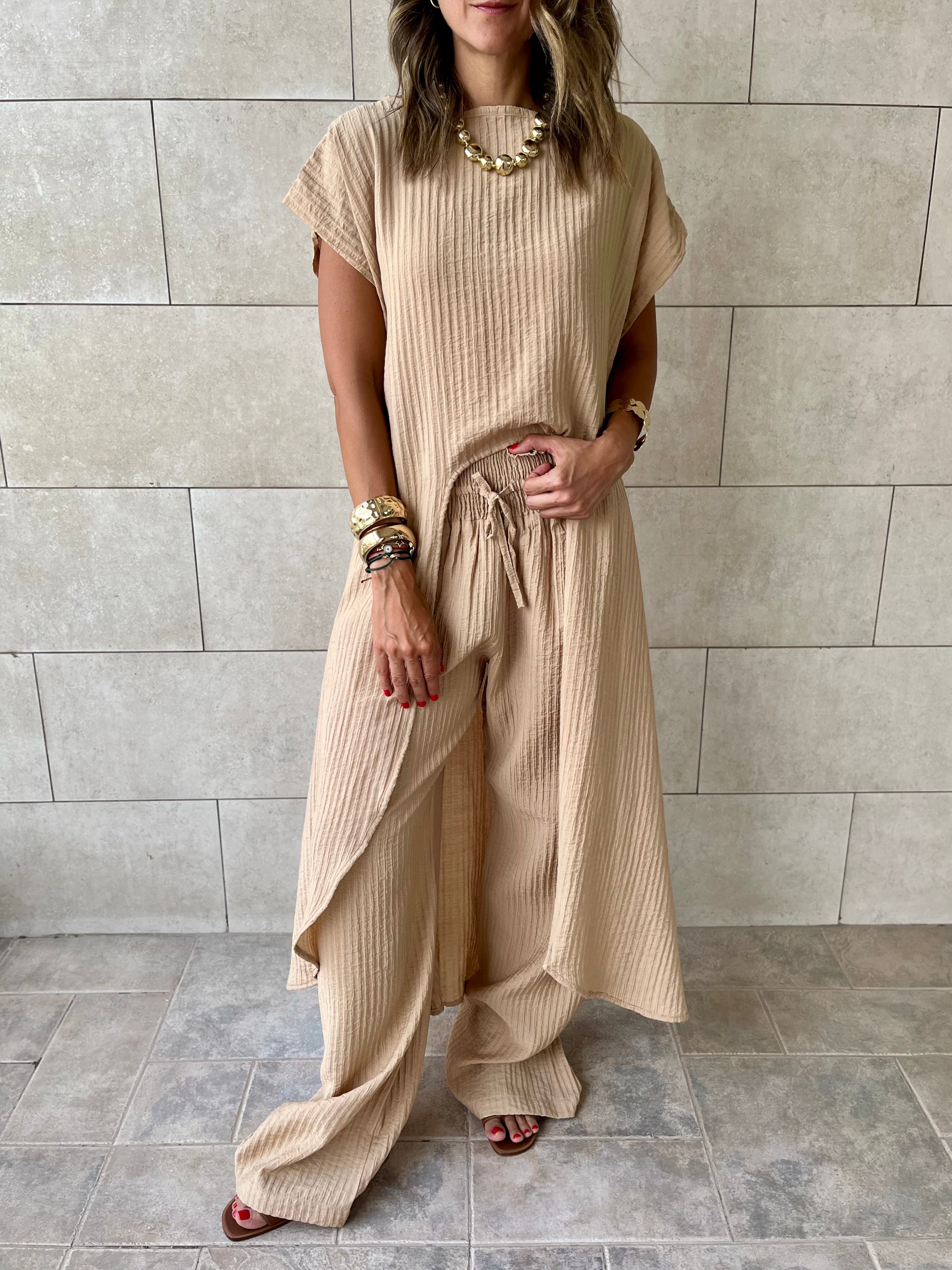 Beige Elastic Rope Crinkle Pants