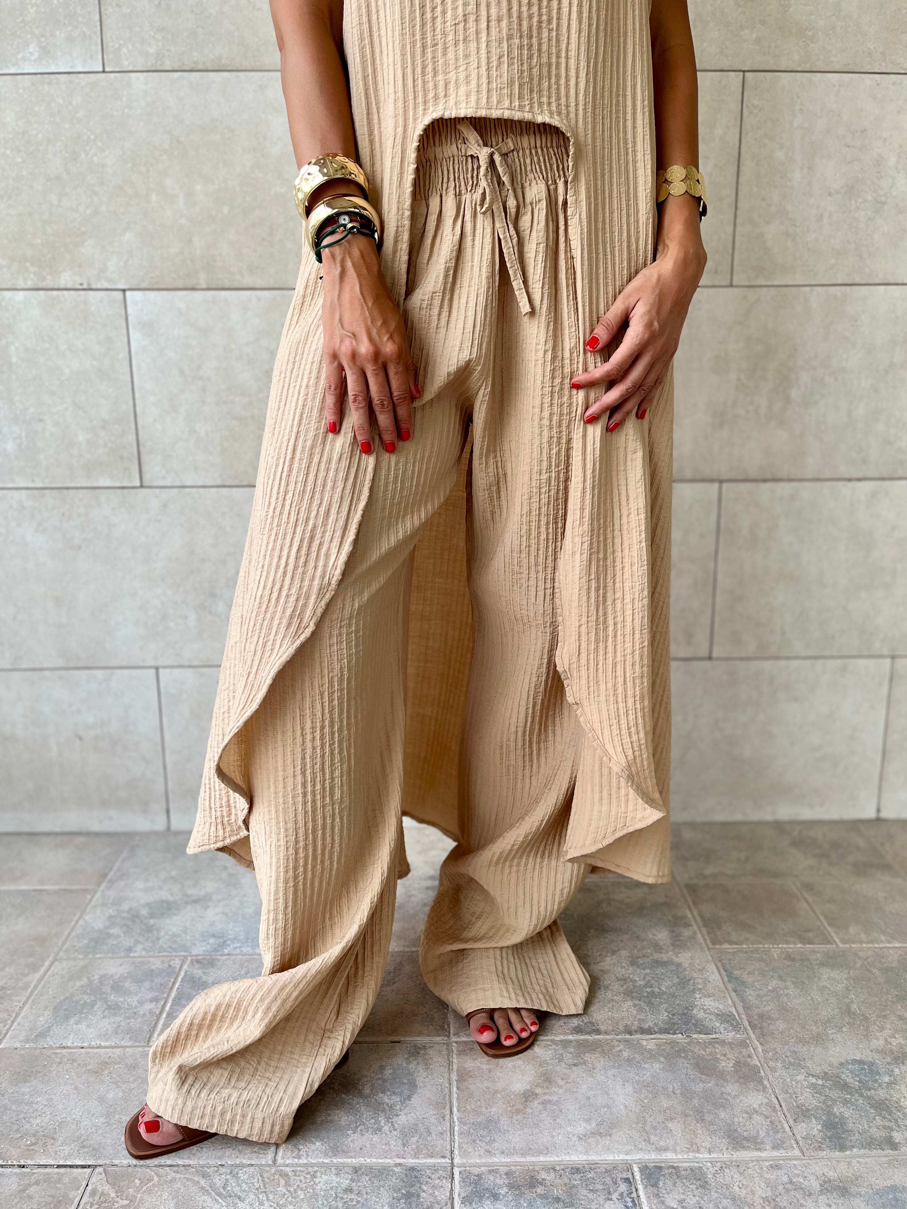 Beige Elastic Rope Crinkle Pants
