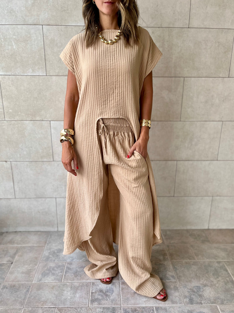Beige Elastic Rope Crinkle Pants