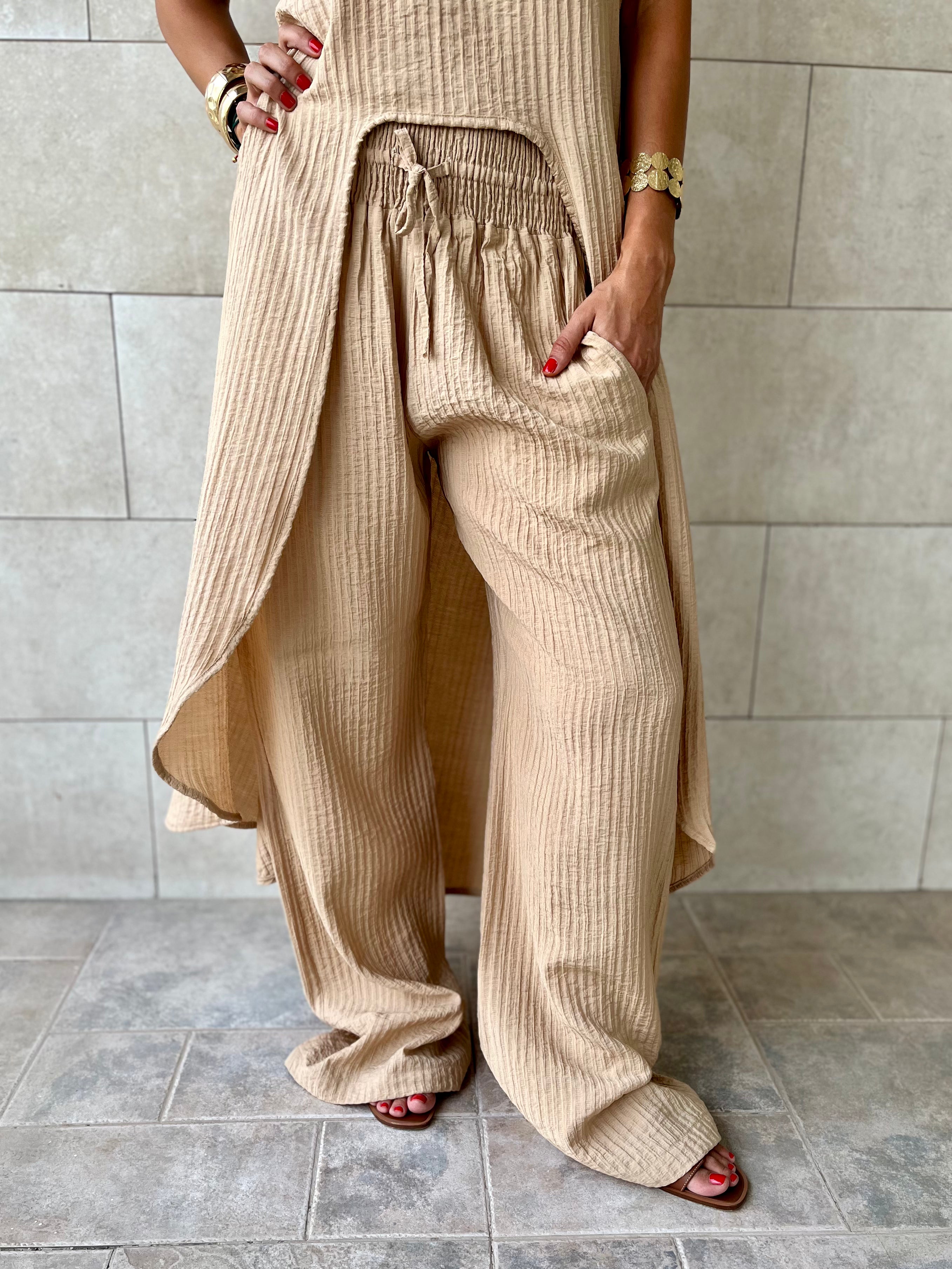 Beige Elastic Rope Crinkle Pants