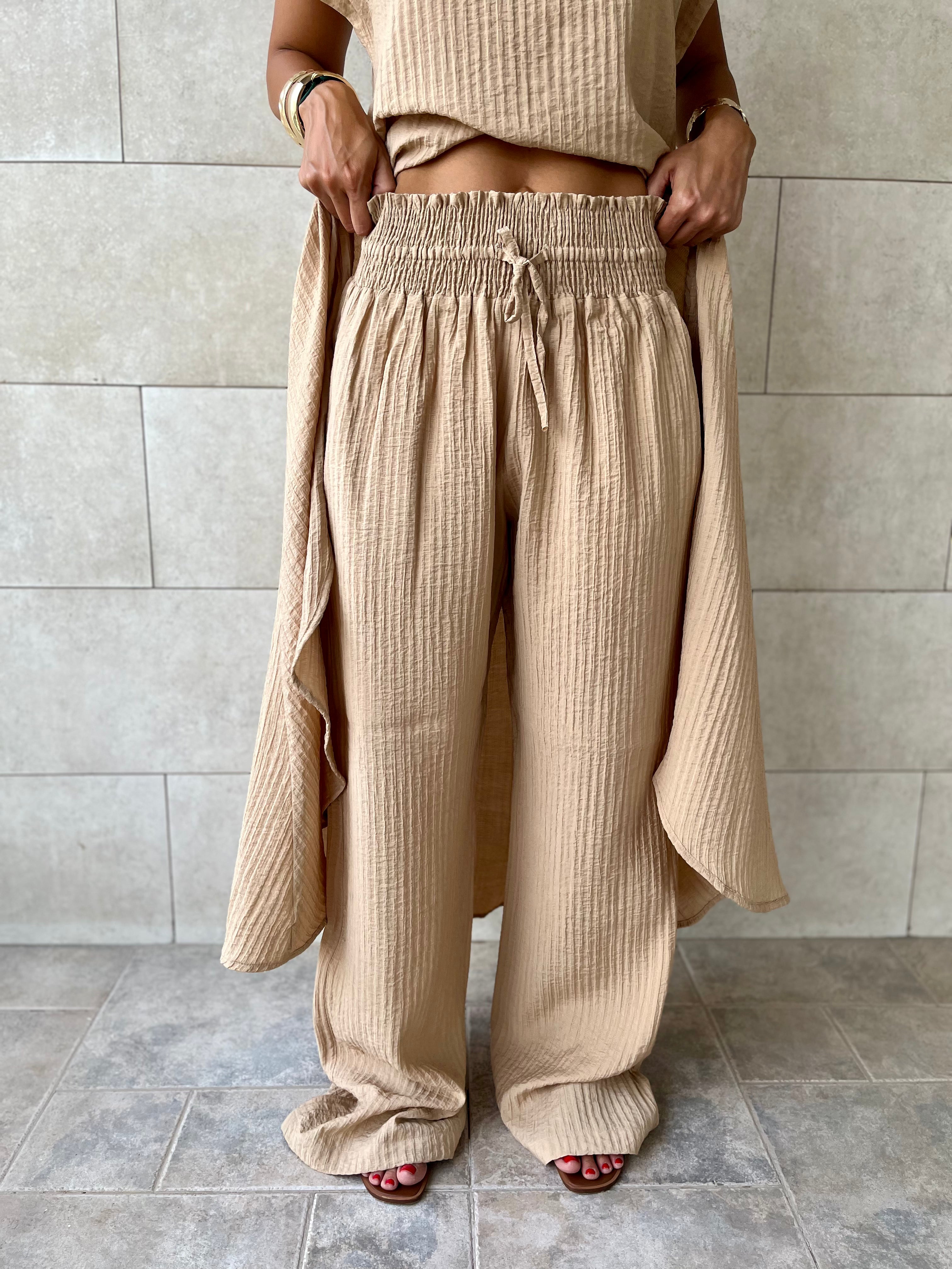 Beige Elastic Rope Crinkle Pants