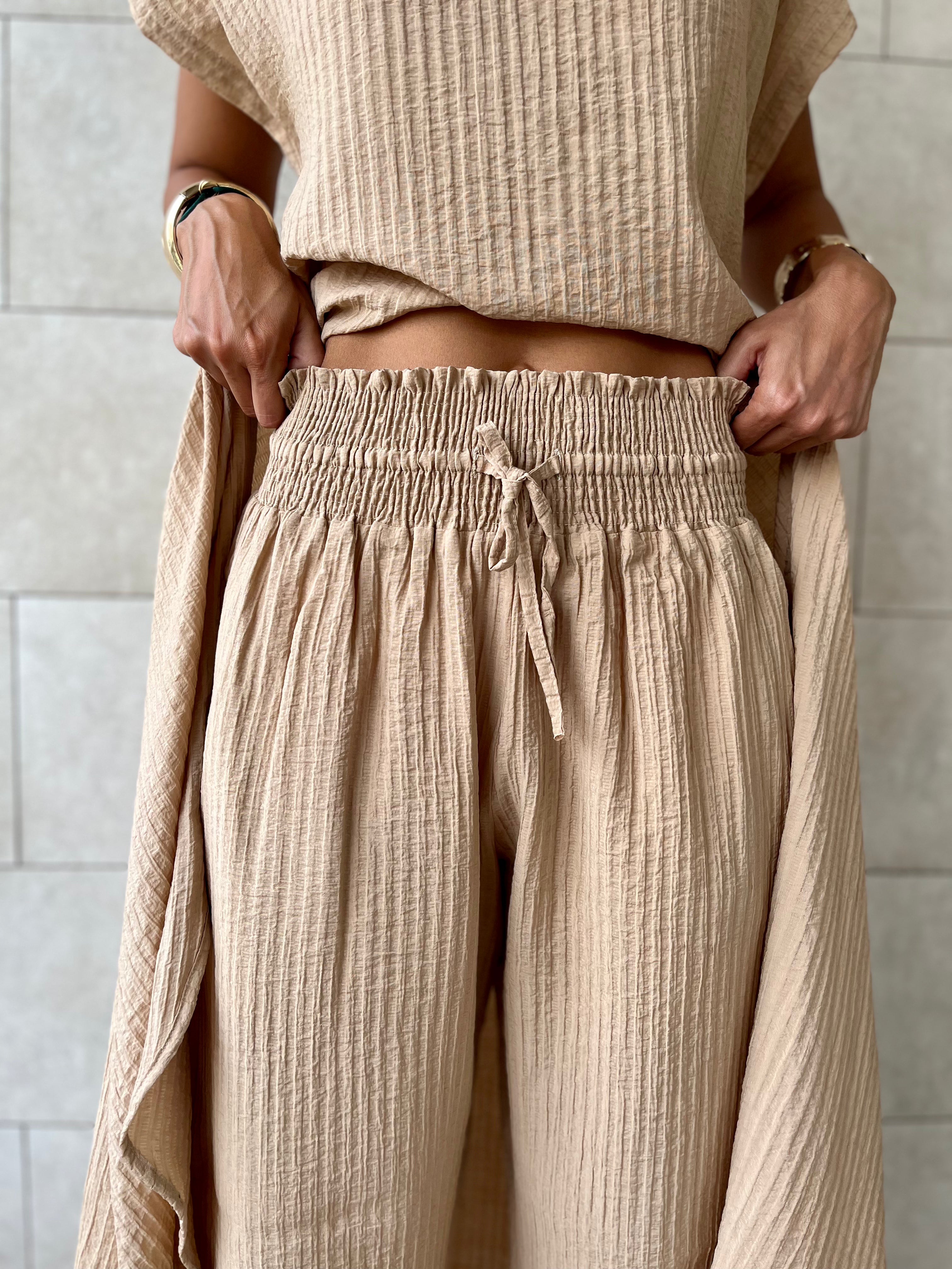 Beige Elastic Rope Crinkle Pants