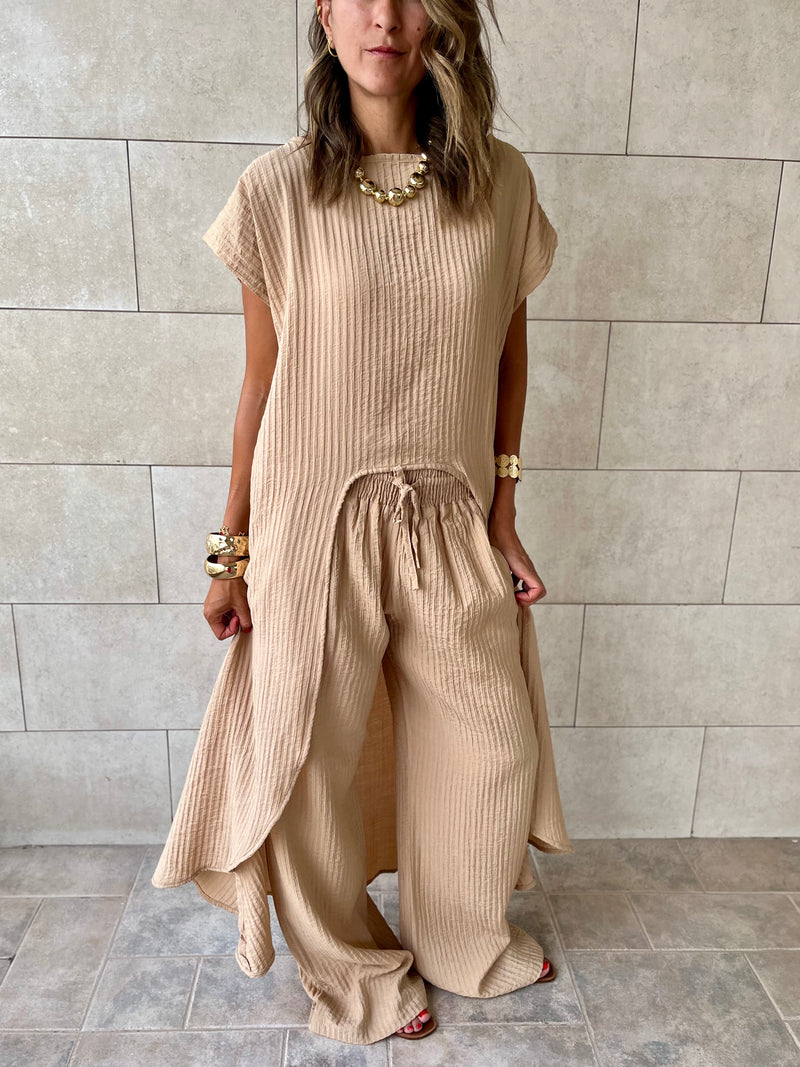 Beige Elastic Rope Crinkle Pants