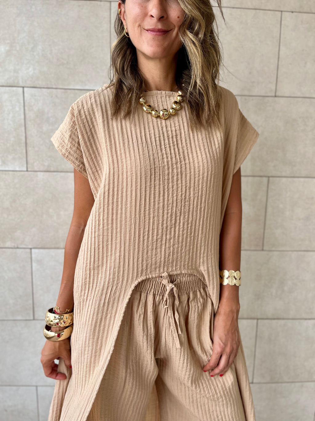 Beige High Low Breeze Top
