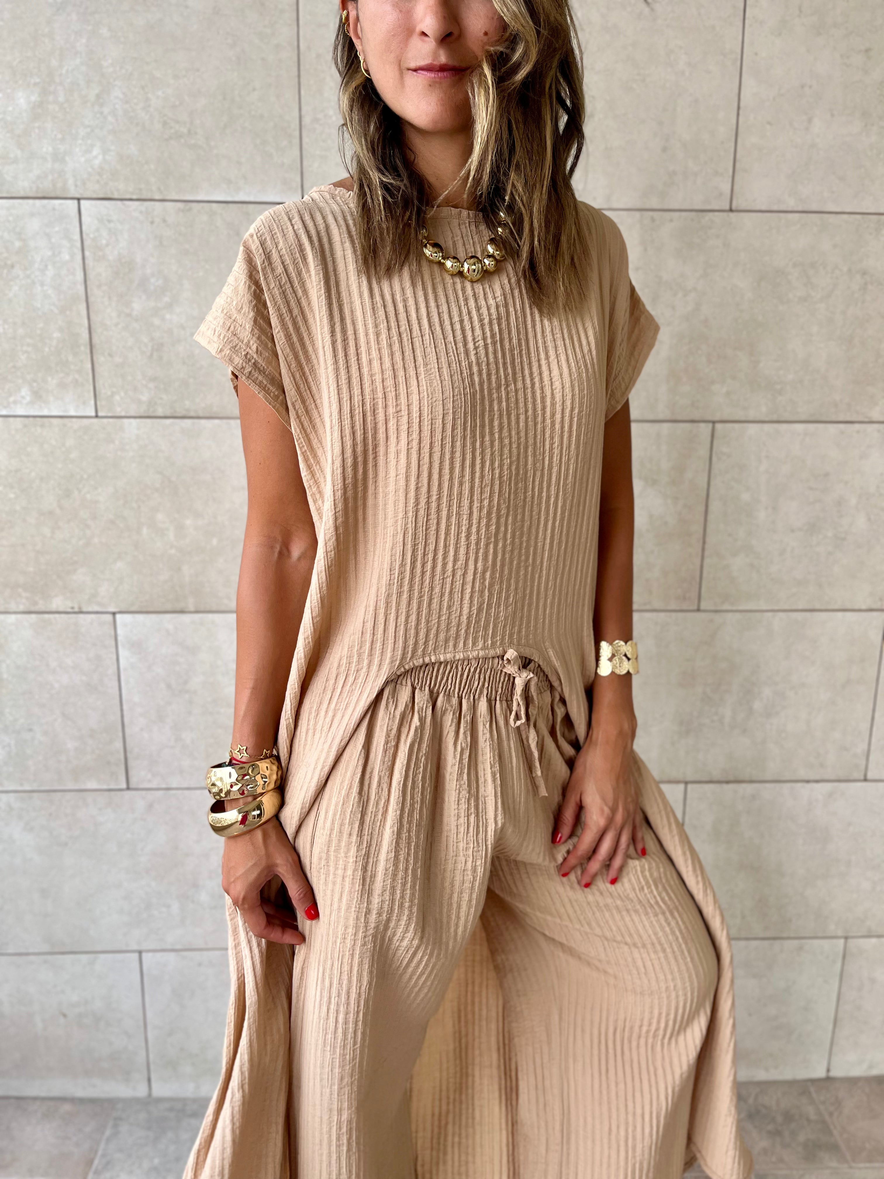Beige Elastic Rope Crinkle Pants