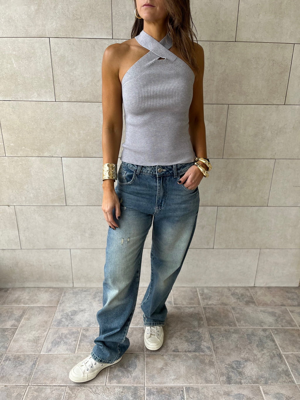 Grey Criss Cross Tank Top