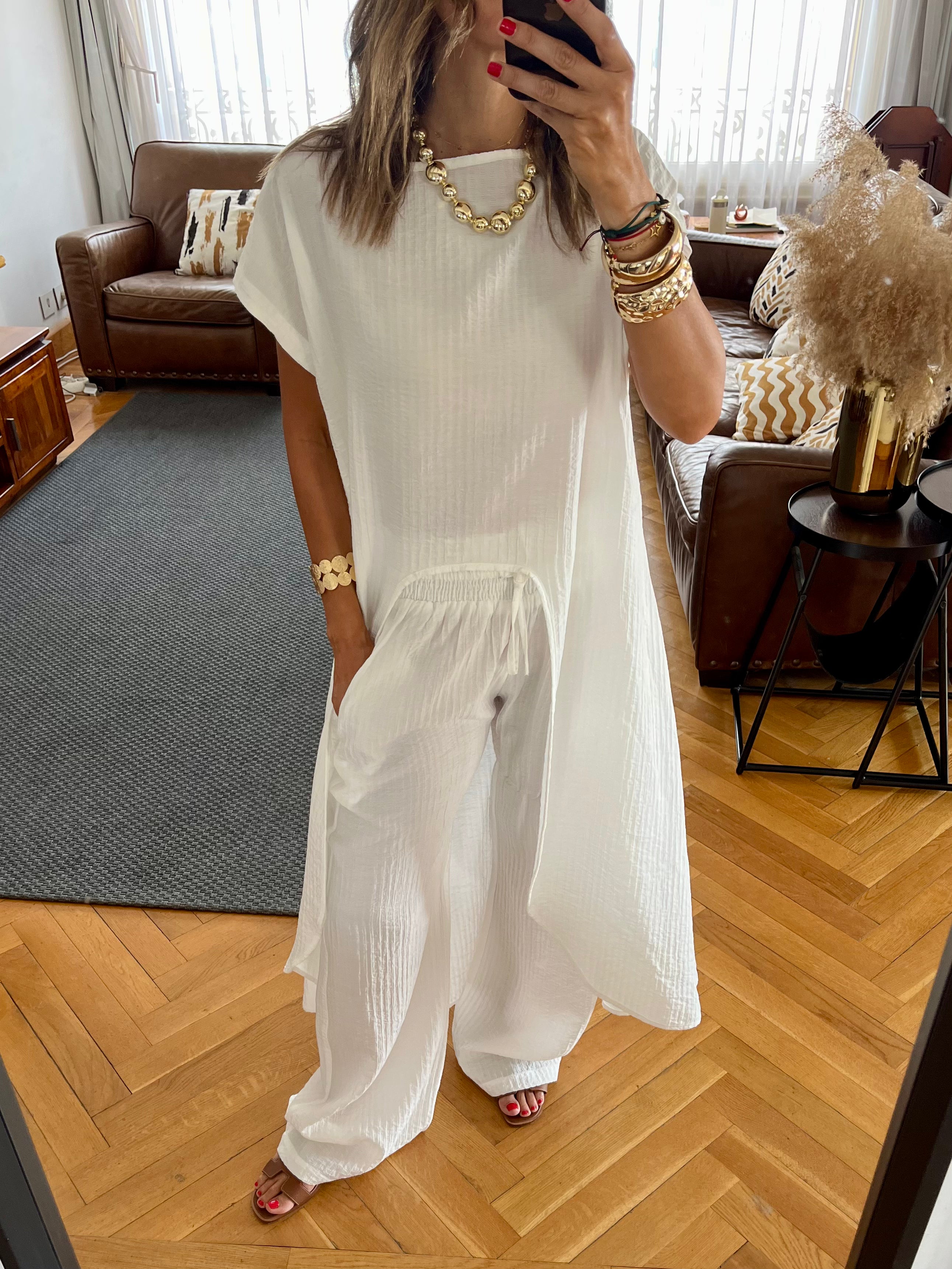 White Elastic Rope Crinkle Pants