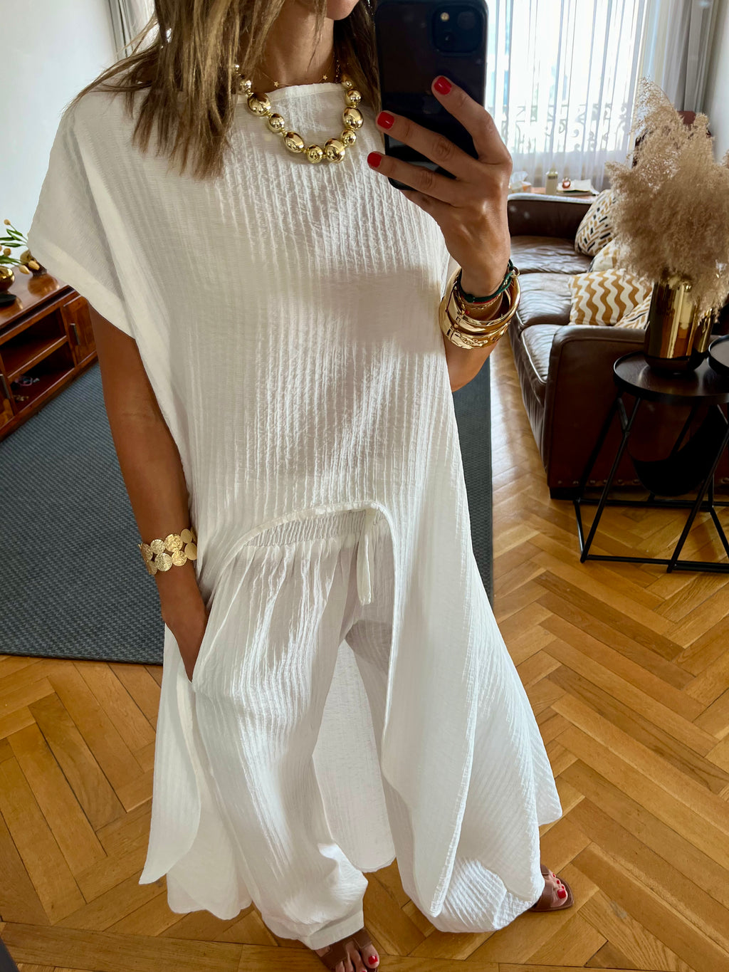 White Elastic Rope Crinkle Pants