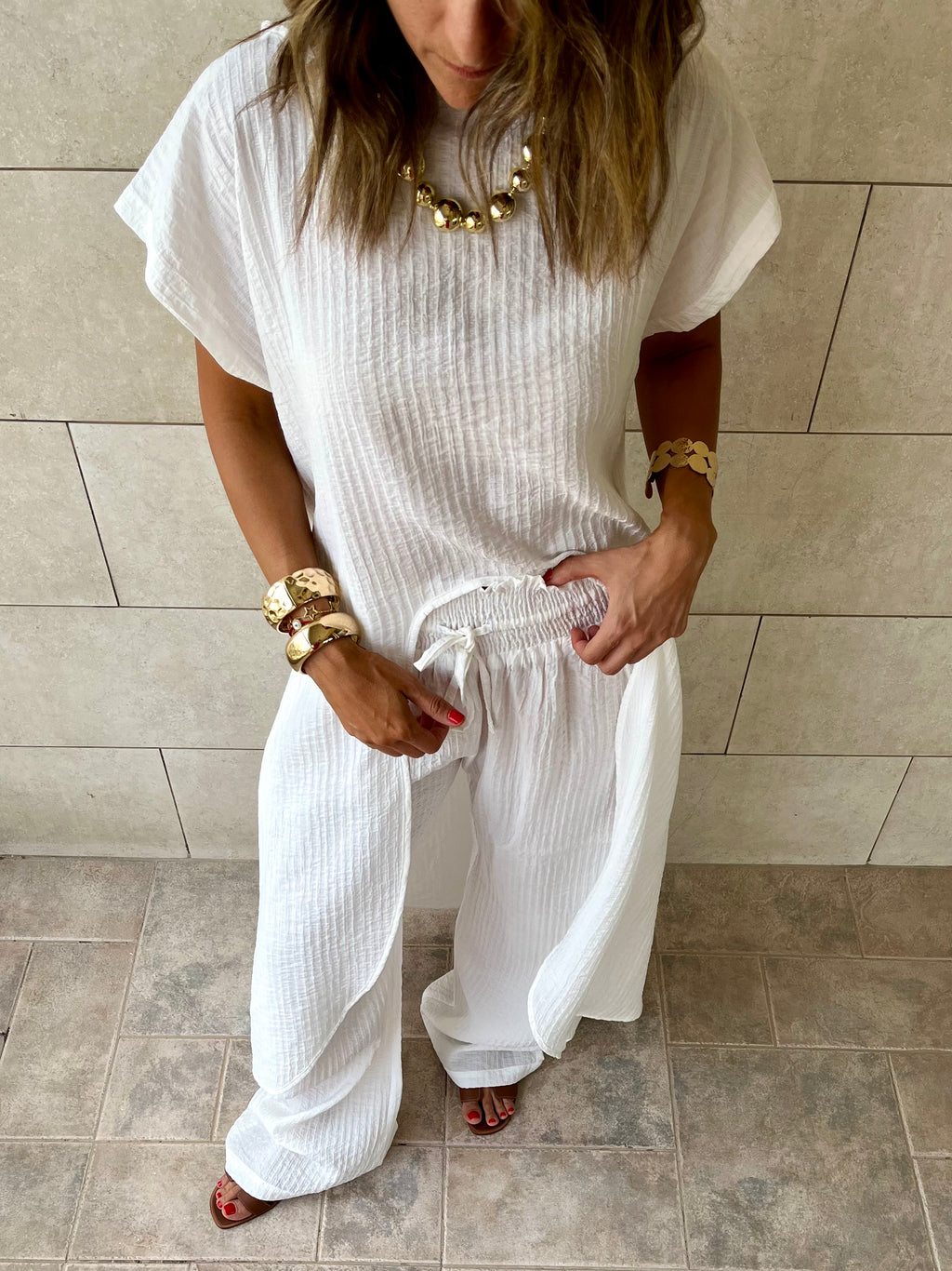 White Elastic Rope Crinkle Pants