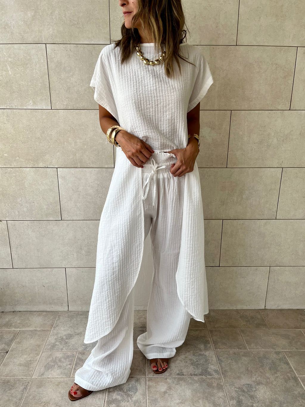 White Elastic Rope Crinkle Pants