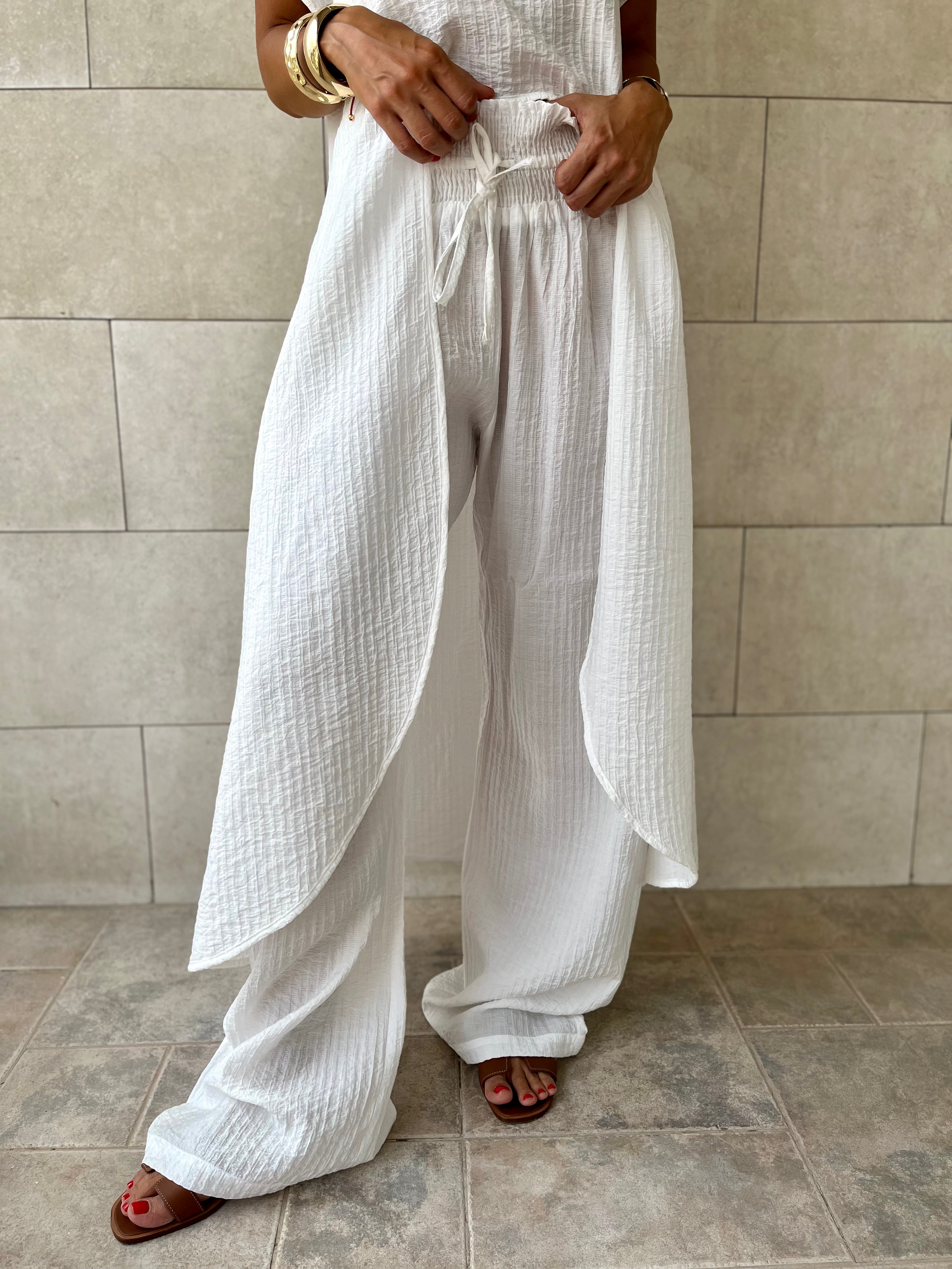 White Elastic Rope Crinkle Pants