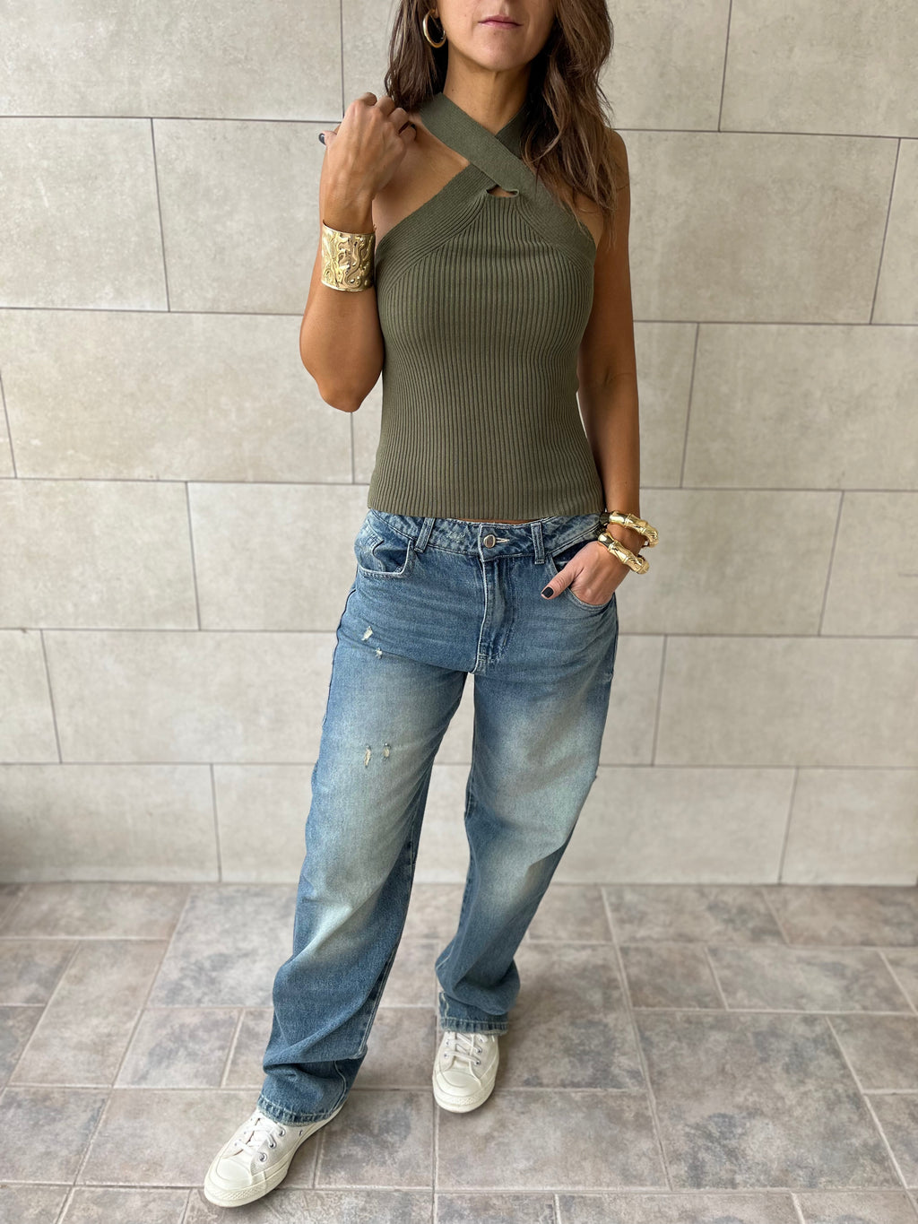 Olive Criss Cross Tank Top