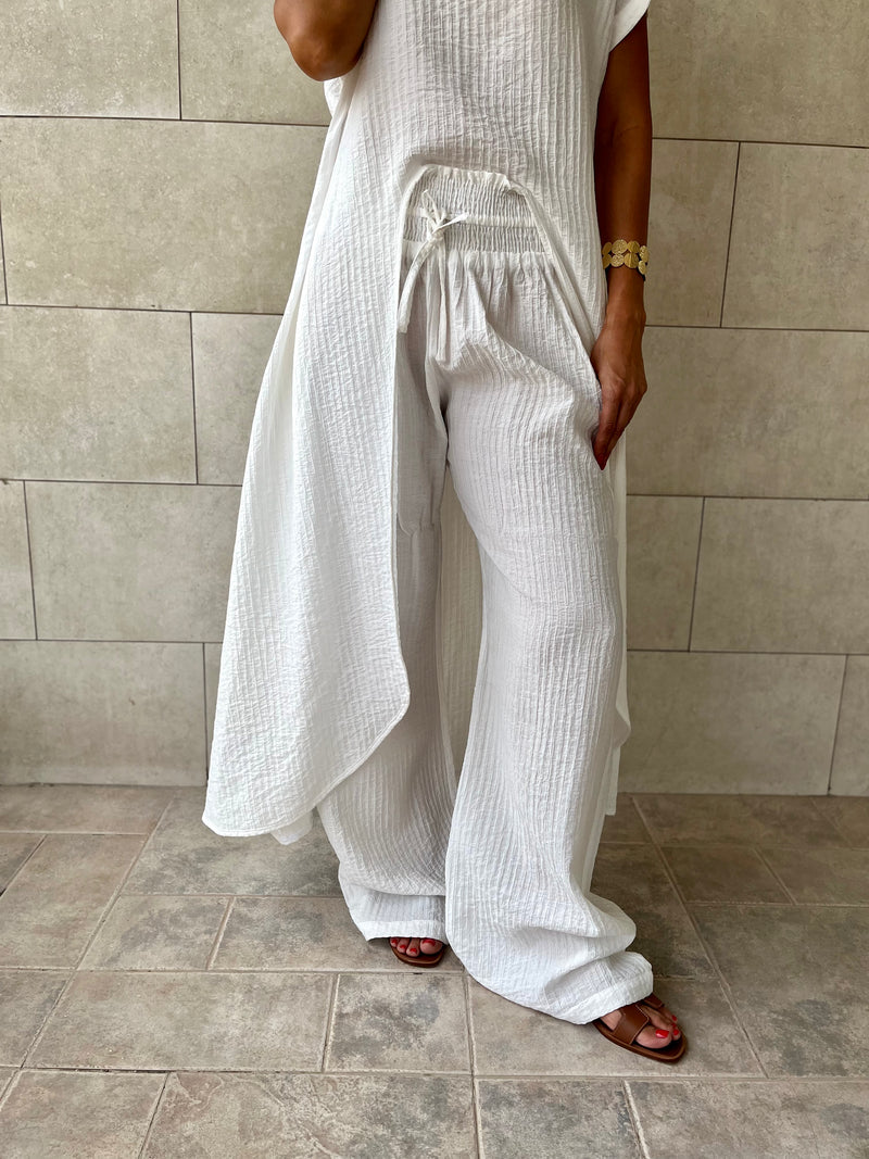 White Elastic Rope Crinkle Pants