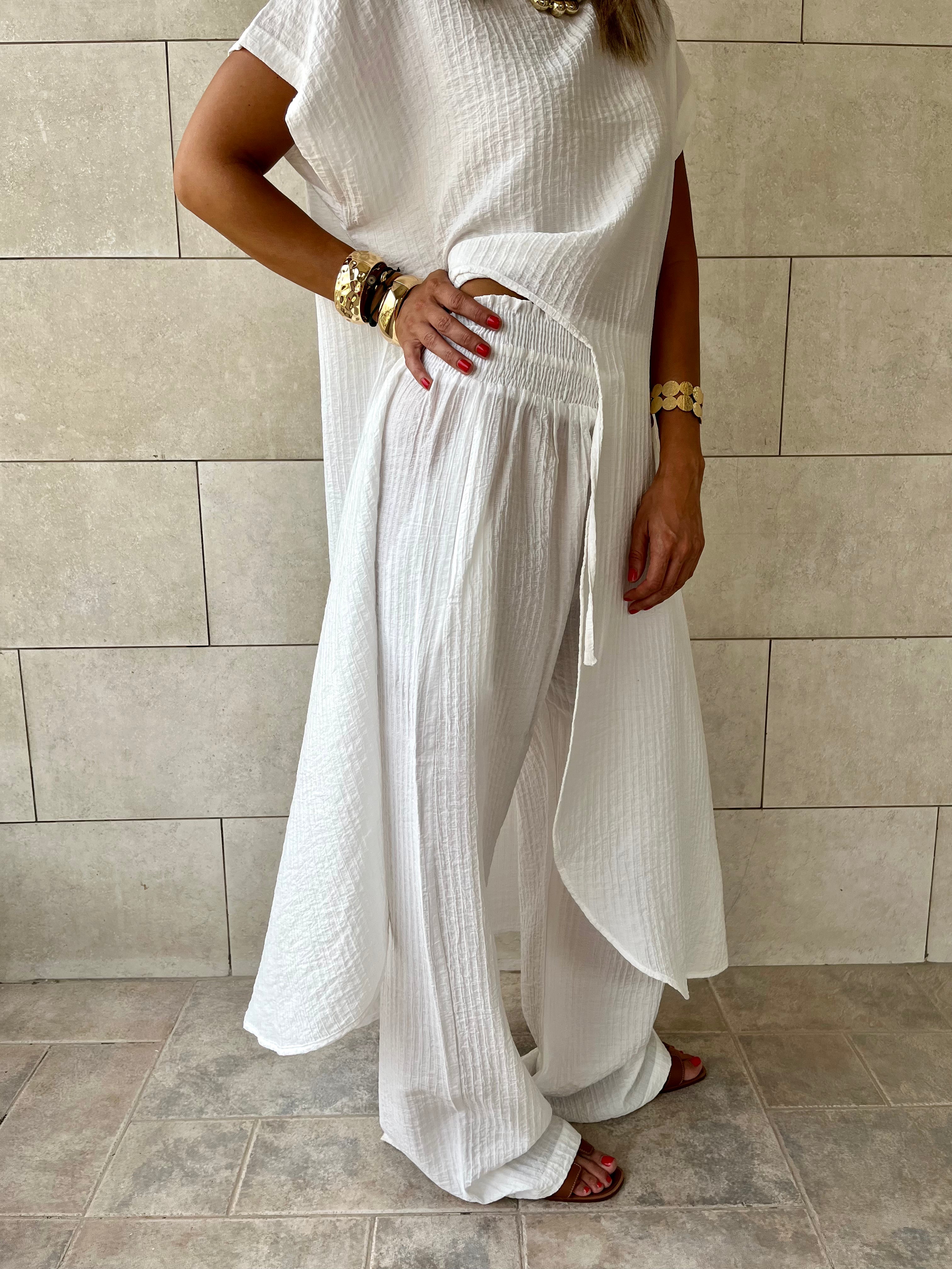 White Elastic Rope Crinkle Pants