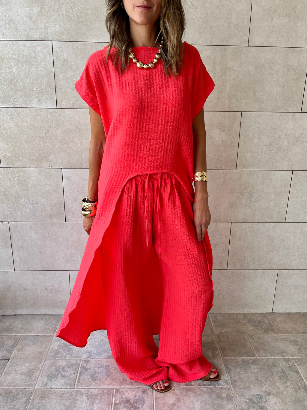 Watermelon Elastic Rope Crinkle Pants