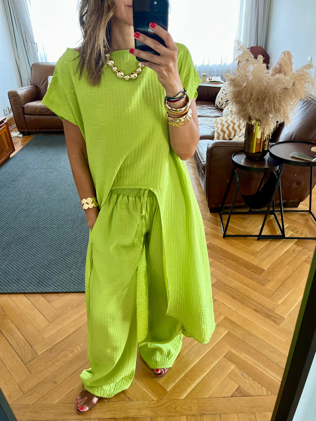 Lime Elastic Rope Crinkle Pants